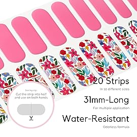 NAILOG Semi Cured Gel Nail Strips, 20 Pcs Pink Flowers Long Lasting Stickers Extra Long Nail Wraps with Glossy Gel Finishing for Spring Summer, Season