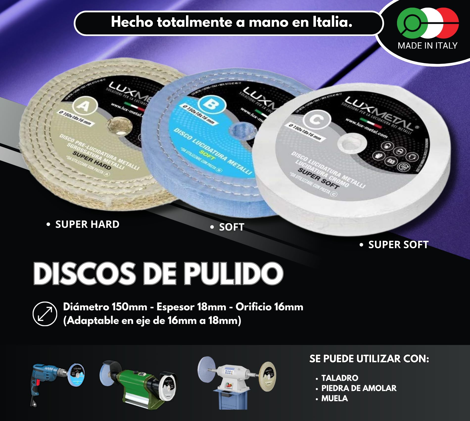 Lux Metal - Kit de pulido 02 con 3 discos de pulido de 150 mm y 3 pastas de pulido de 250 g - Ideal para pulir aluminio, acero inoxidable, latón, cobre, bronce, hierro, plata, oro, madera, plástico