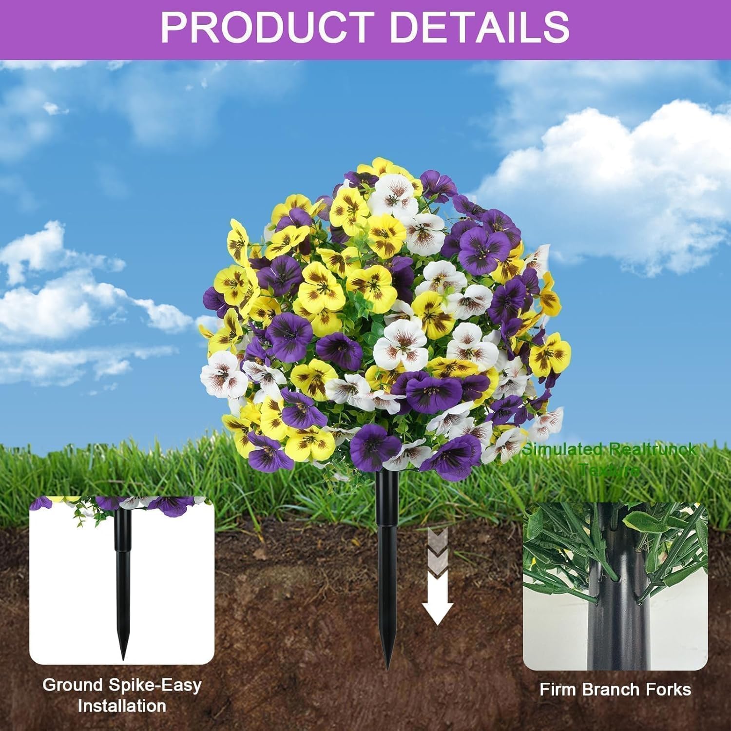 2er Set Künstliche Blumen Outdoor 60 cm Künstliche Buchsbaum mit Erdspieß Stiefmütterchen Buchsbaumkugel Wetterfest Kunstblumen Frühling Deko Künstliche Pflanzen für Draußen Balkon Garten