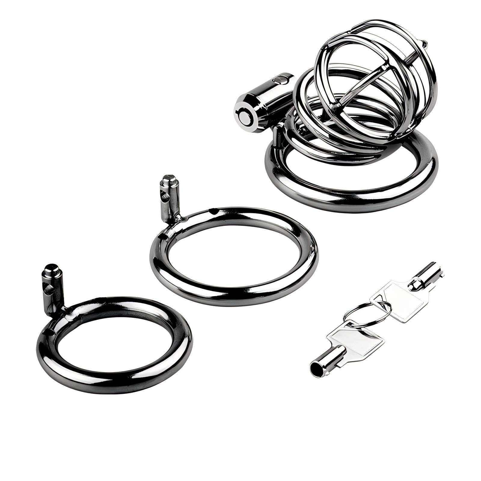 Cage de Chasteté Pénis en Métal Cages de Chasteté avec 3 Ring de Taille Différente Ceinture de Chasteté avec Push-Pull Lock pour Homme Sex Toys Cage Chastetée (3 Rings)