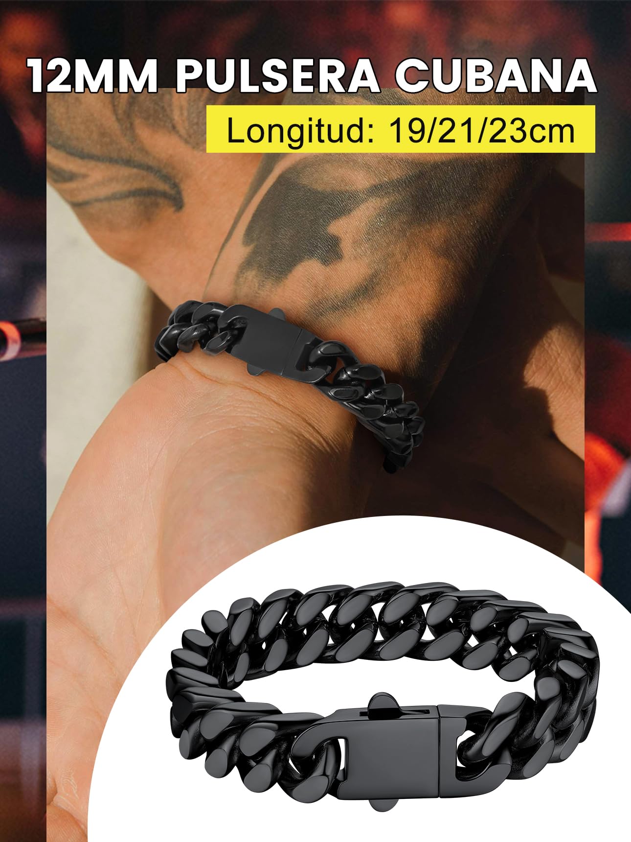 Bestyle Pulseras Cadena Cubano Miami 12mm Ancho Pulsera Cadena Cubana Acero Inoxidable 21cm Largo Pulseras Cubano de Cadena Pulsera Cubano de Miami Negro Pulseras Cadena Cubana Miami