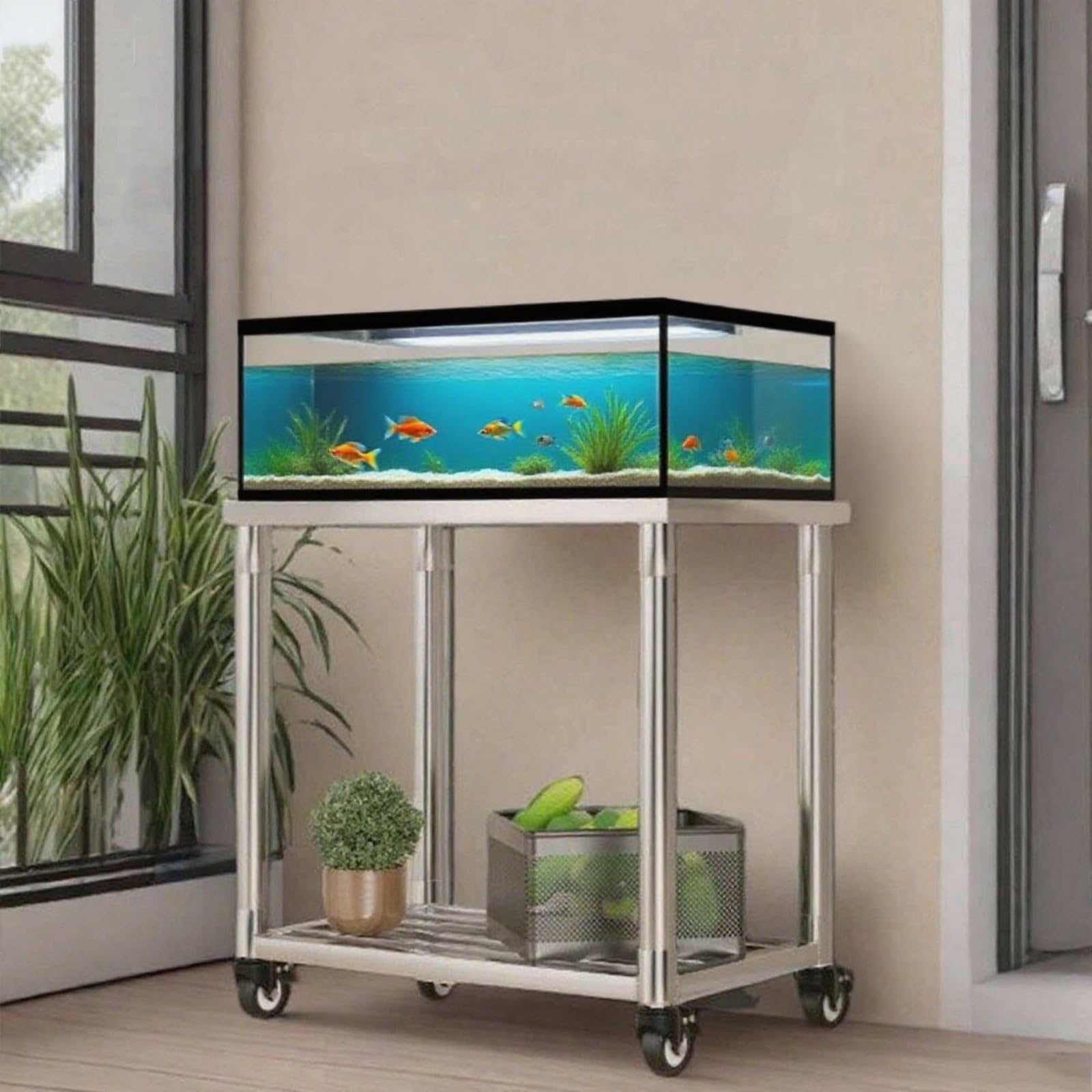 Support d'aquarium en acier inoxydable haute résistance 2 niveaux 90cm