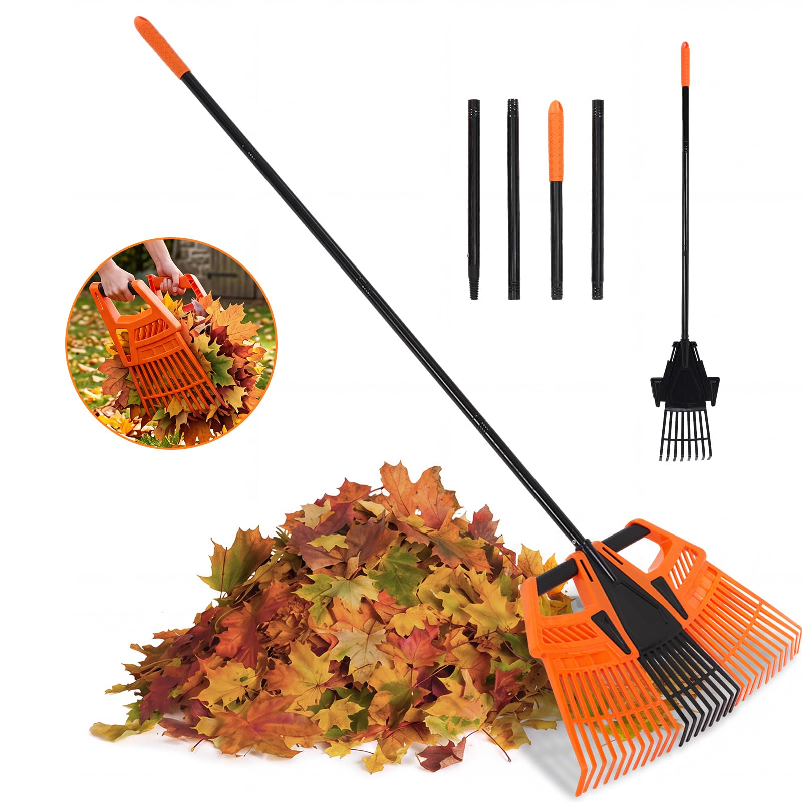 HAUSPROFI 3-In-1 Laubrechen mit Stiel(verstellbar 112-185 cm) | Rechen Garten, Laubbesen XXL 30 Zinken Abs,Stahlrohr Rostfrei, 360° Haken,Gartenrechen für Laub, Hof, Rasen, Blumenbeete