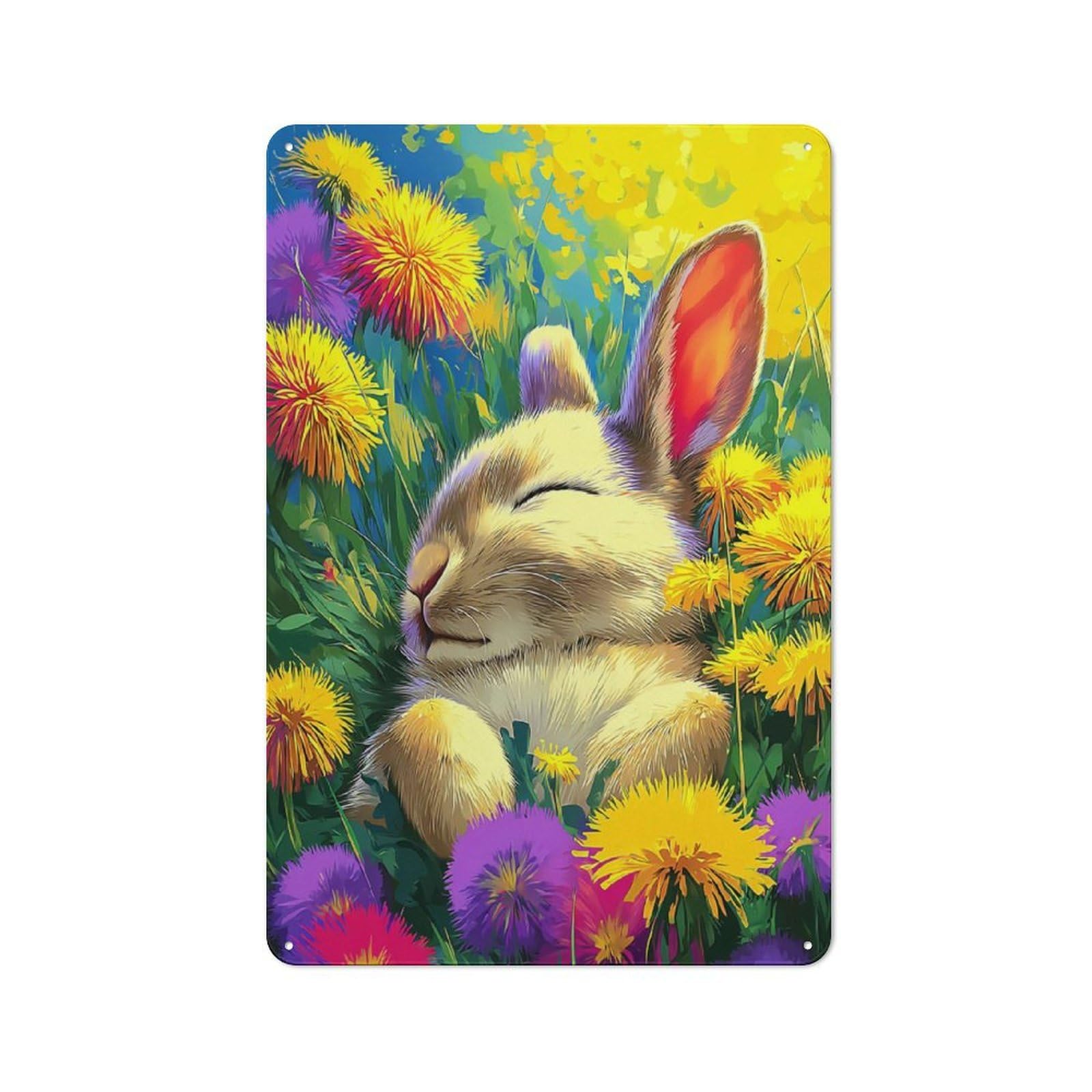 Junmoney Sleeping Bunny In A Field Of Flowers Metal Wall Sign 30X20cm Featuring For Bar Or Restaurant, For Themed Interiors In Bars And Restaurants