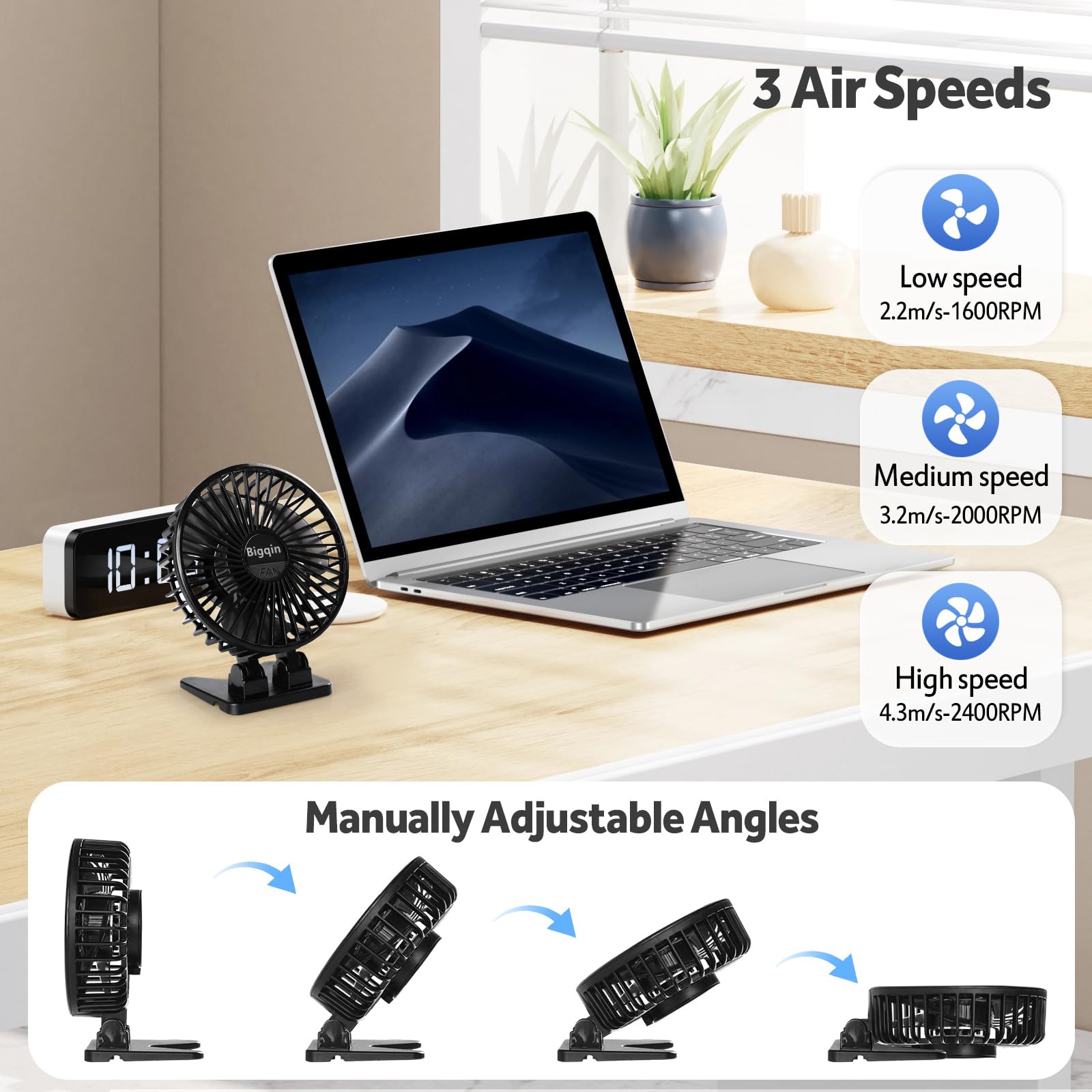 Bigqin Mini Ventilatore Portatile, Ventola Silenziosa USB, 3 velocità in un Pulsante, Piccolo Ventilatore Potente, Mini Ventilatore ad Angolo Regolabile per Tavolo da Ufficio,Nero