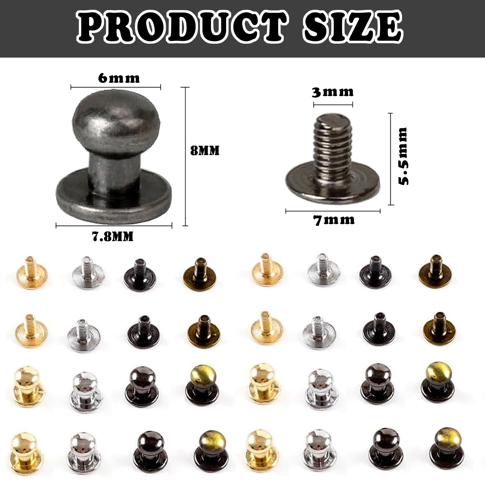 10 Set di Rivetti per Chiodi a Vite Solida in Metallo Doppia Testa Ricurva Cintura Rivetti a Libro Viti per Bagagli Abbigliamento/Borsa/Scarpe Artigianali in Pelle-12 Set Mix 6 Colori,9.5x8mm
