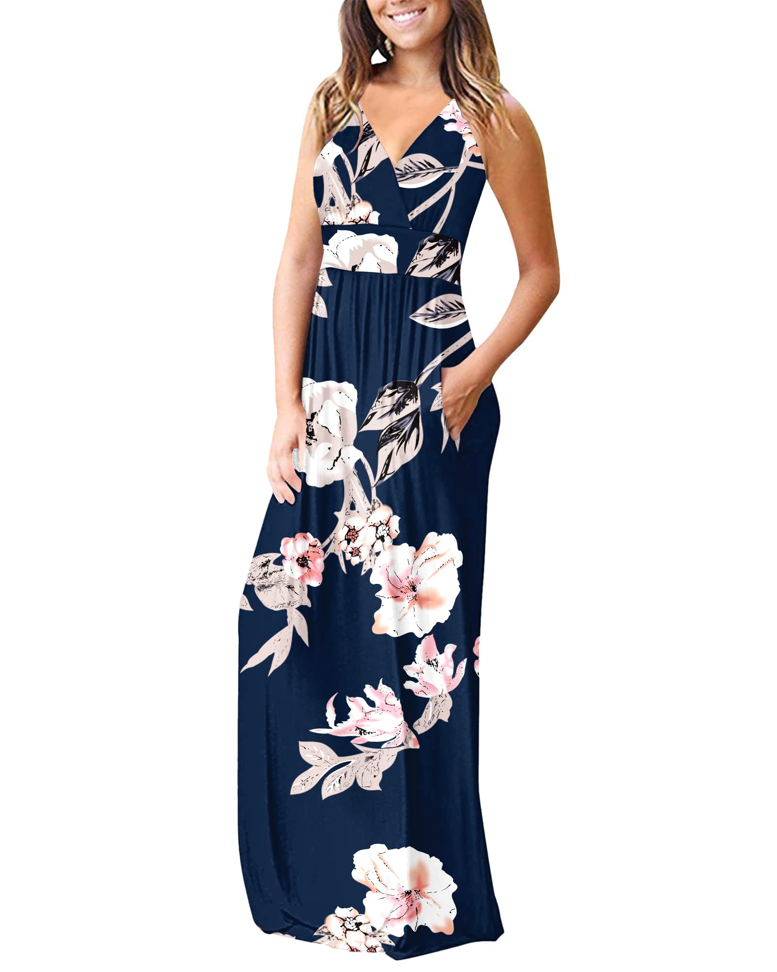 AUSELILY Ete Robe Longue Femme Maxi Robe V Col sans Manches avec Poches