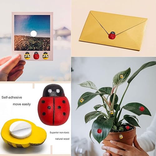 Miniatura 4 de 200 adornos de madera para manualidades, abejas, autoadhesivas, para decoración del hogar, pequeñas mariquitas, calcomanías de decoración de pared
