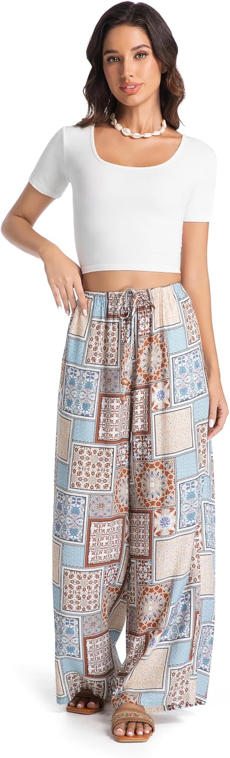 Womens Casual Mid Waist Wide Leg Pants Summer Floral Solid Palazzo Baggy Pants Lounge Beach Trousers with Pocket - Image 2