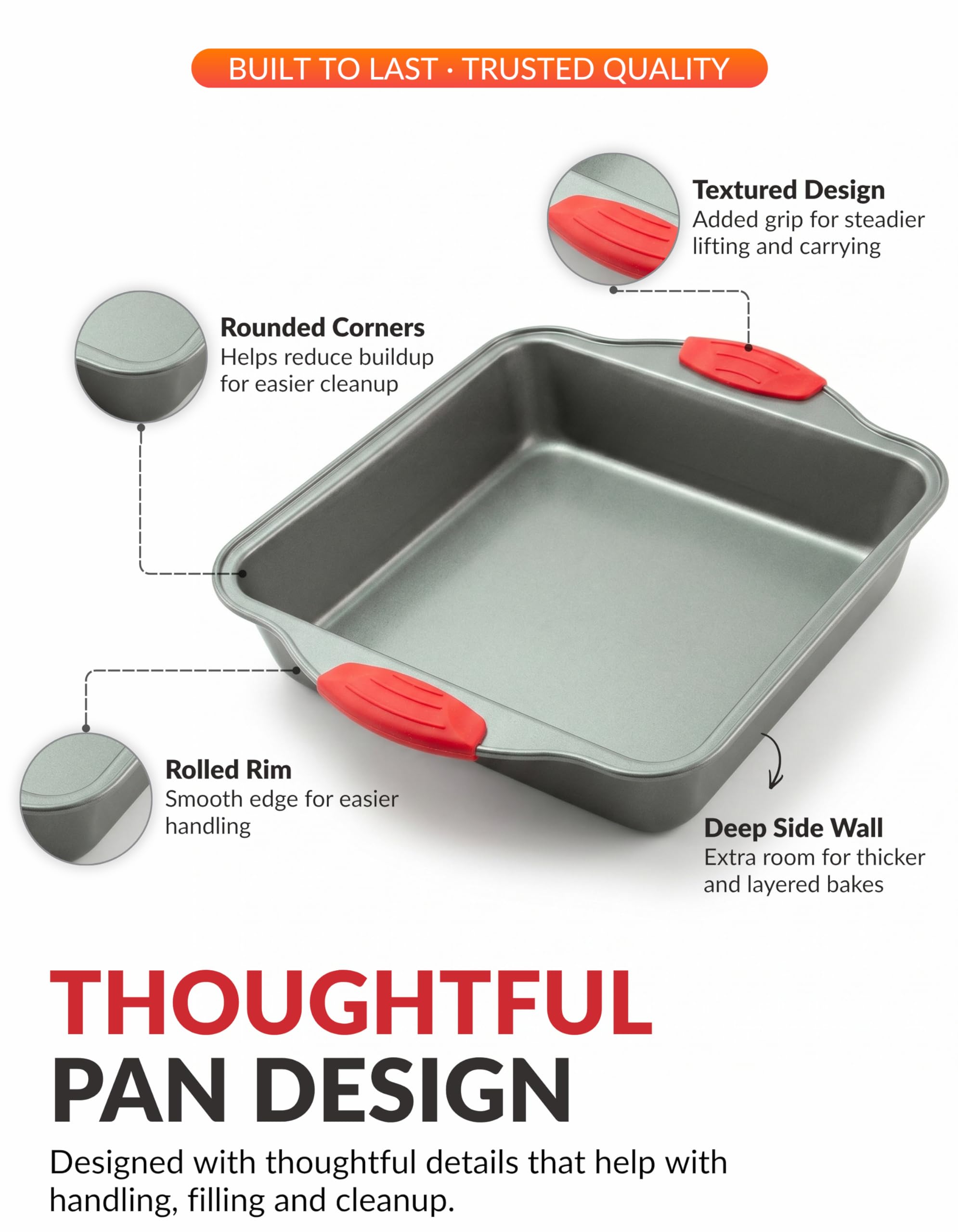 Boxiki Kitchen Moule à gâteau | Poêle carrée en acier antiadhésif de 8 po de Durable, pratique, de qualité supérieure antiadhésive cuisson moule moule | Brownie Pan avec poignées en silicone rouge