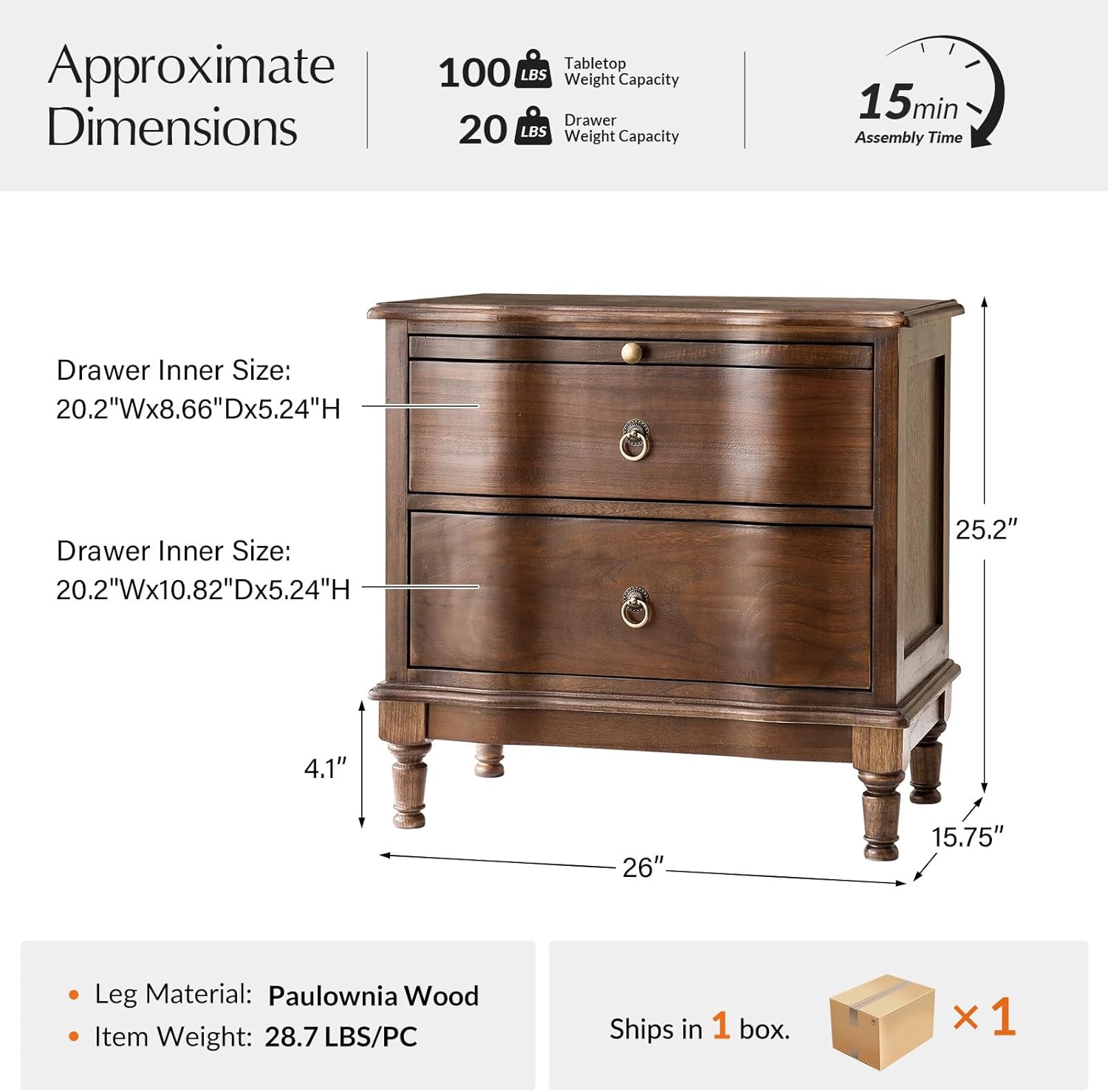 HULALA HOME Solid Wood Storage End Table with Hidden Pull-Out Shelf, Transitional 2 Drawer Side Table with Charging Station, Large SideTable with USB Ports, Easy Assembly, Walnut