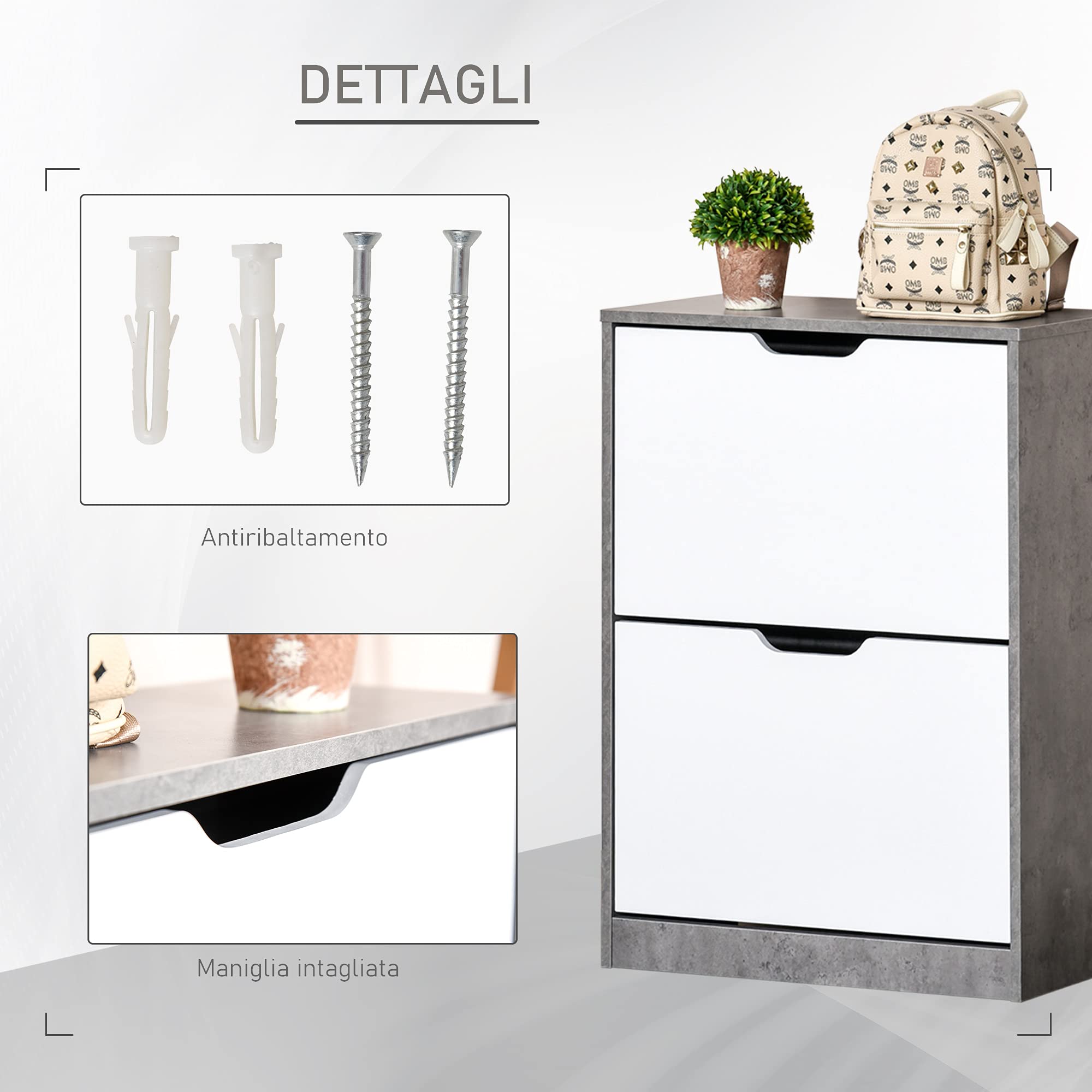 HOMCOM Scarpiera Salvaspazio Slim con 2 Ante a Ribalta, Scarpiera Ingresso con Ripiani Regolabili, Porta Scarpe per 8 Paia con Maniglia a Incavo, 62.5x26x81 cm, Grigio Cemento