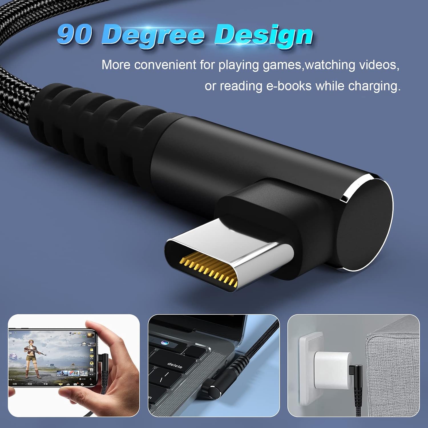 USB C to USB C Cable 100W 1ft 3 Pack 90 Degree Type C Cable Nylon Braided Right Angle USBC Fast Charging Cable Compatible with iPhone 15 16 17 Series, MacBook, iPad Pro, Galaxy S8 - S24, Pixel, LG