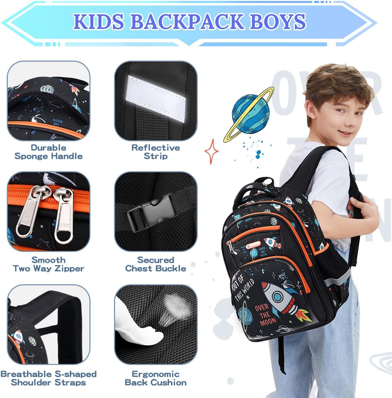 Cusangel Kids Backpack for Boys, Clear Pocket with Badge-Decorated Stationery Collection Elementary Kindergarten School Black Space Bookbag 15.5 in Multifunctional Cute Large Capacity - Image 3