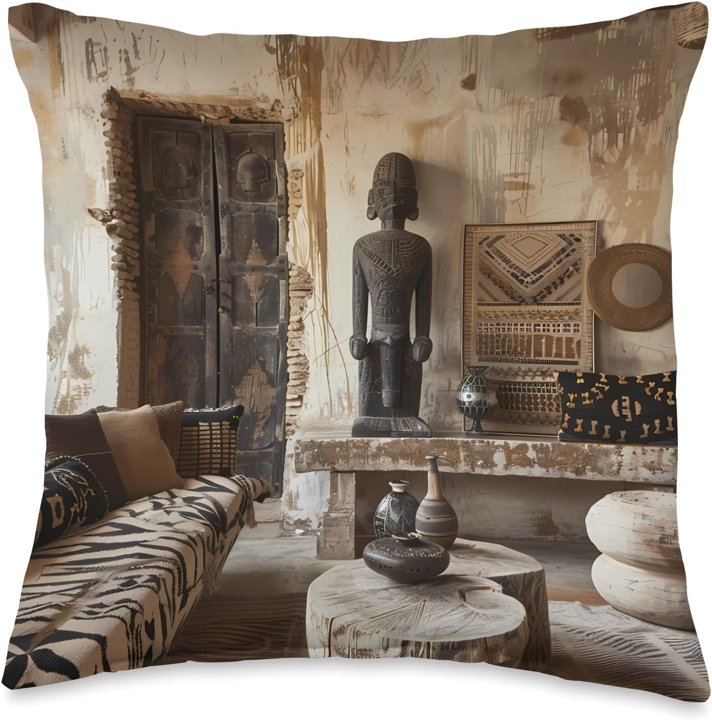 Boho Chic Bogolan Design - African Mudcloth Decor Throw Pillow
