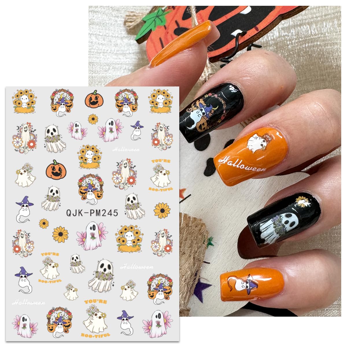 JMEOWIO Halloween Nagelsticker – 9 Blätter Mit Gruseligen Kürbis-Motiven, Selbstklebend, Für Nageldesign