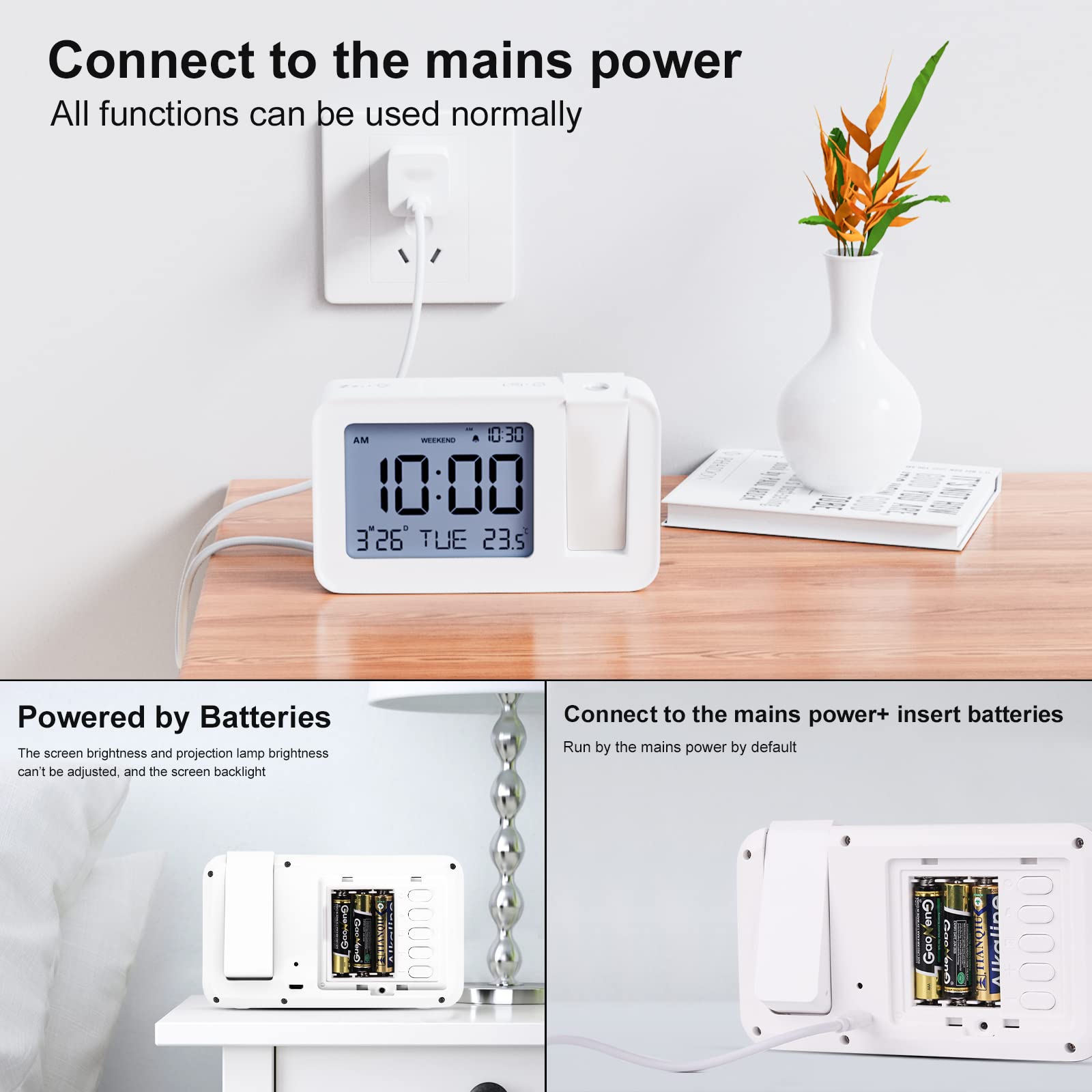 CHEREEKI Sveglia con Proiettore Soffitto, Sveglia da Comodino Digitale con 120° di Rotazione Proiettore,Temperatura, 4 Livelli Luminosità e Snooze, Calendario e Il Giorno, Bianco