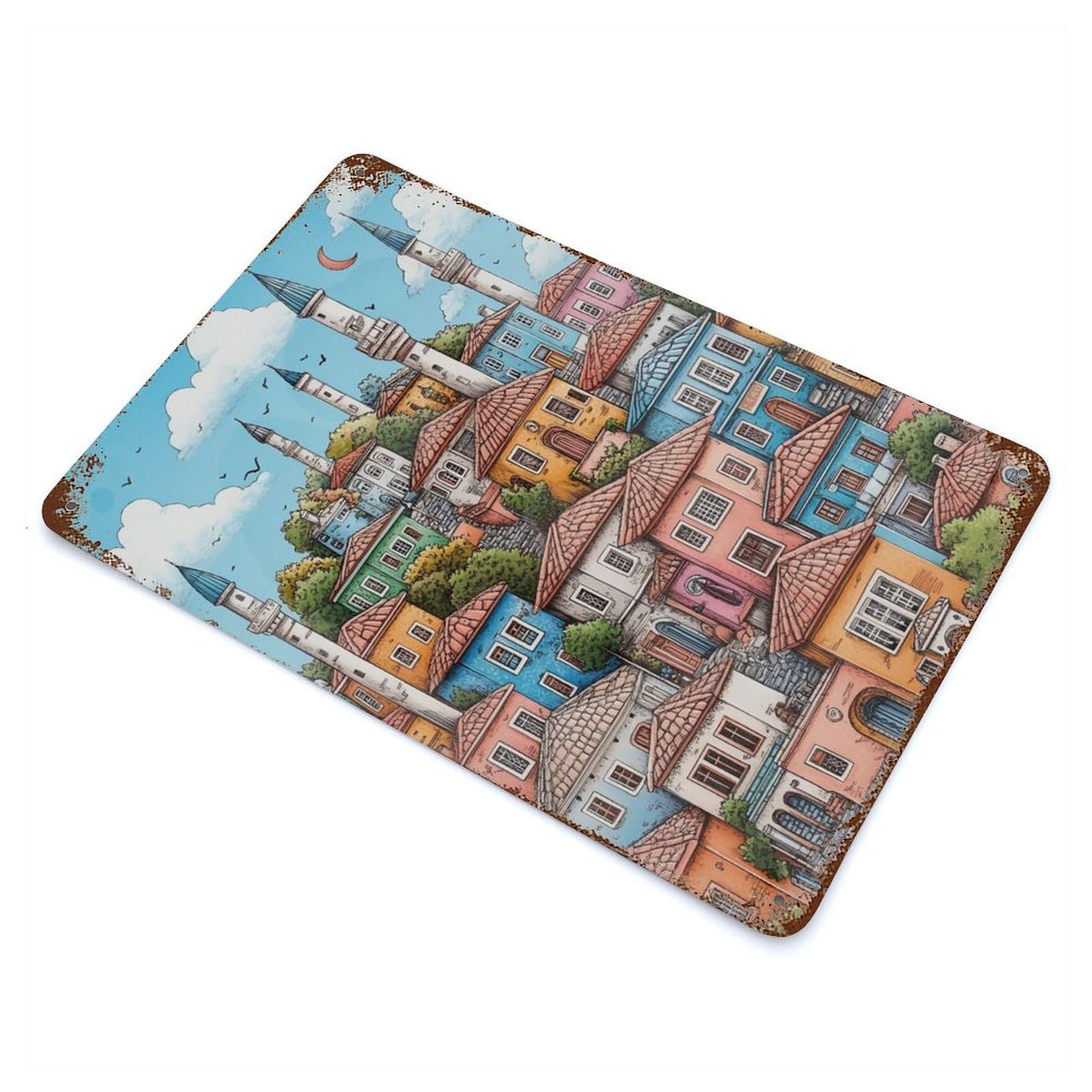 Colorful Town with Minarets Rusty Metal Tin Sign 11.8"x7.9", Industrial Home Decor for Garage, Pub Or Kitchen