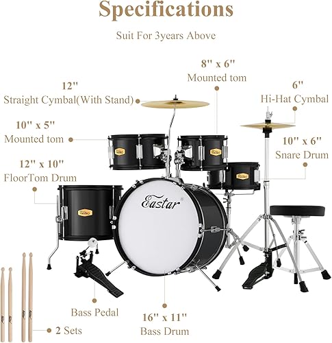 Vista 14 de Eastar Juego de batería para niños, kit de batería de 5 piezas de 16 pulgadas para principiantes con trono ajustable y platillo, pedal y baquetas