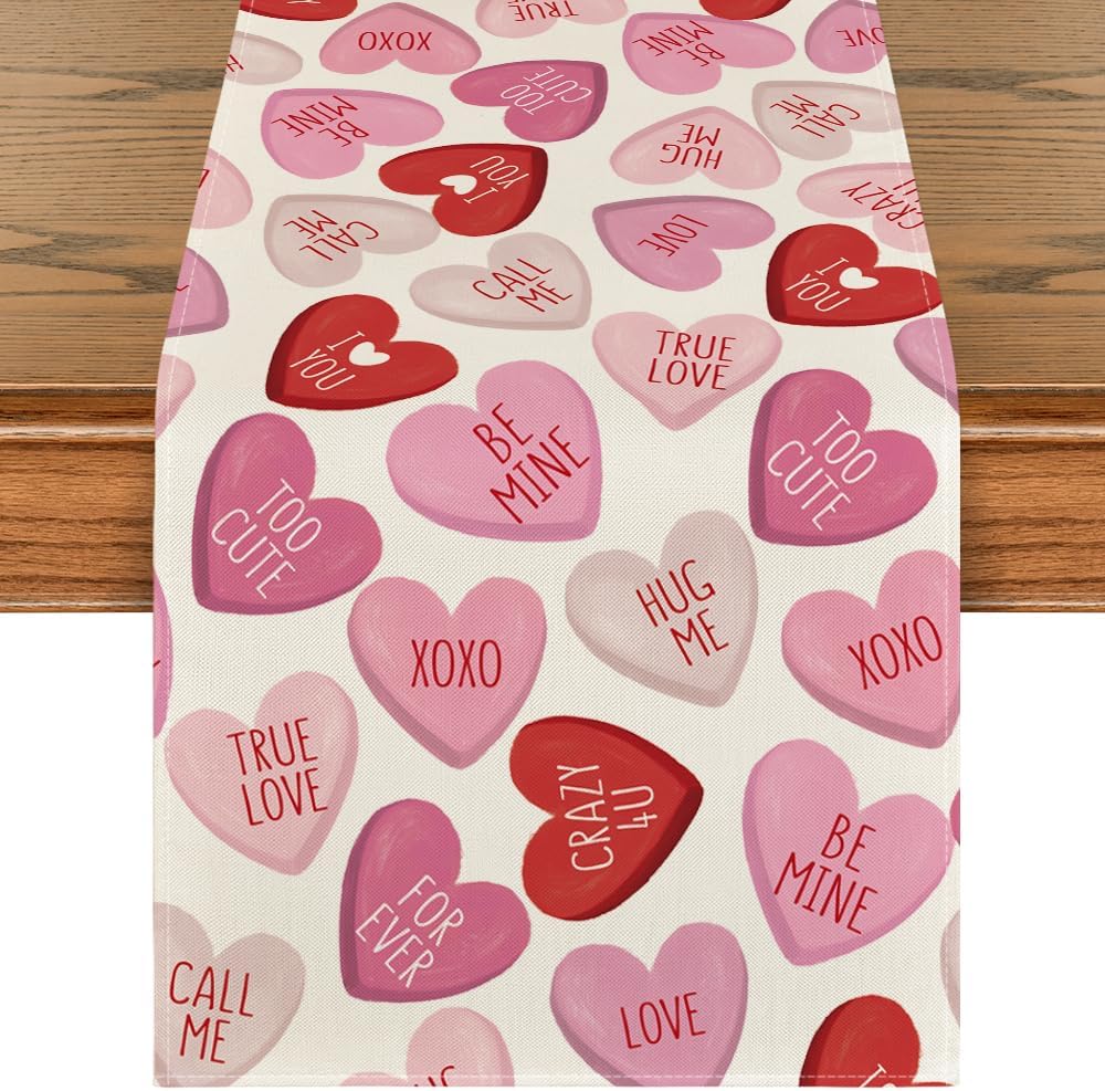 Artoid Mode Pink Ture Love Heart Valentine's Day Table Runner, Seasonal Kitchen Dining Table Decoration for Home Party Decor 13x72 Inch
