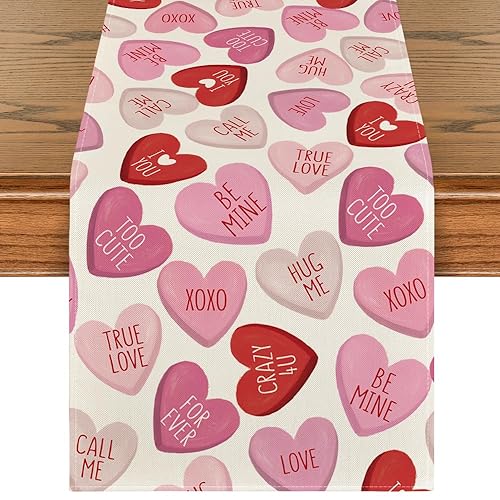 Artoid Mode Pink Ture Love Heart Table Runner, Festival Anniversary Kitchen Dining Table Decoration for Home Party Decor 13x36 Inch