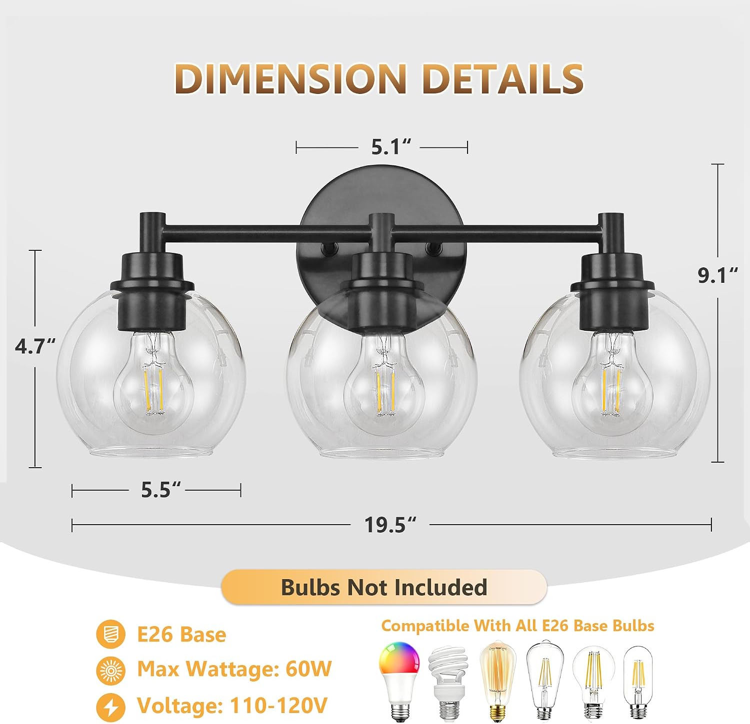 Black Bathroom Vanity Lights, 3-Light Wall Sconce with Glass Globe Shade, Vanity Lighting for Bathroom/Bedroom/Dressing Room, Vertical/Horizontal Mounted, E26 Bulb Base (Bulb Not Included)