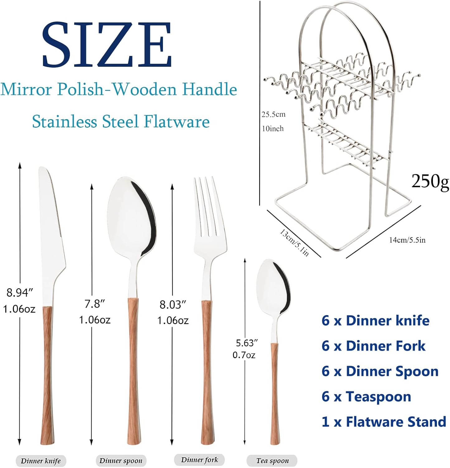24-Piece Hanging Cutlery Set With Flatware Stand, Mirror Stainless Steel Silverware Wooden Handle Kitchen Utensils For Home Restaurant And Wedding Party, Service For 6, Brown Silver
