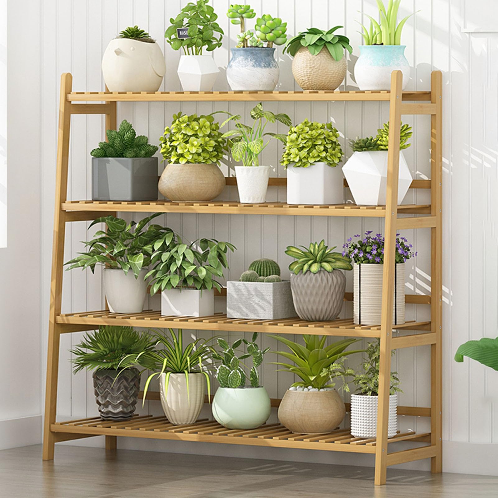 Support pour plantes en bambou 4 niveaux pour créer un coin de verdure au salon
