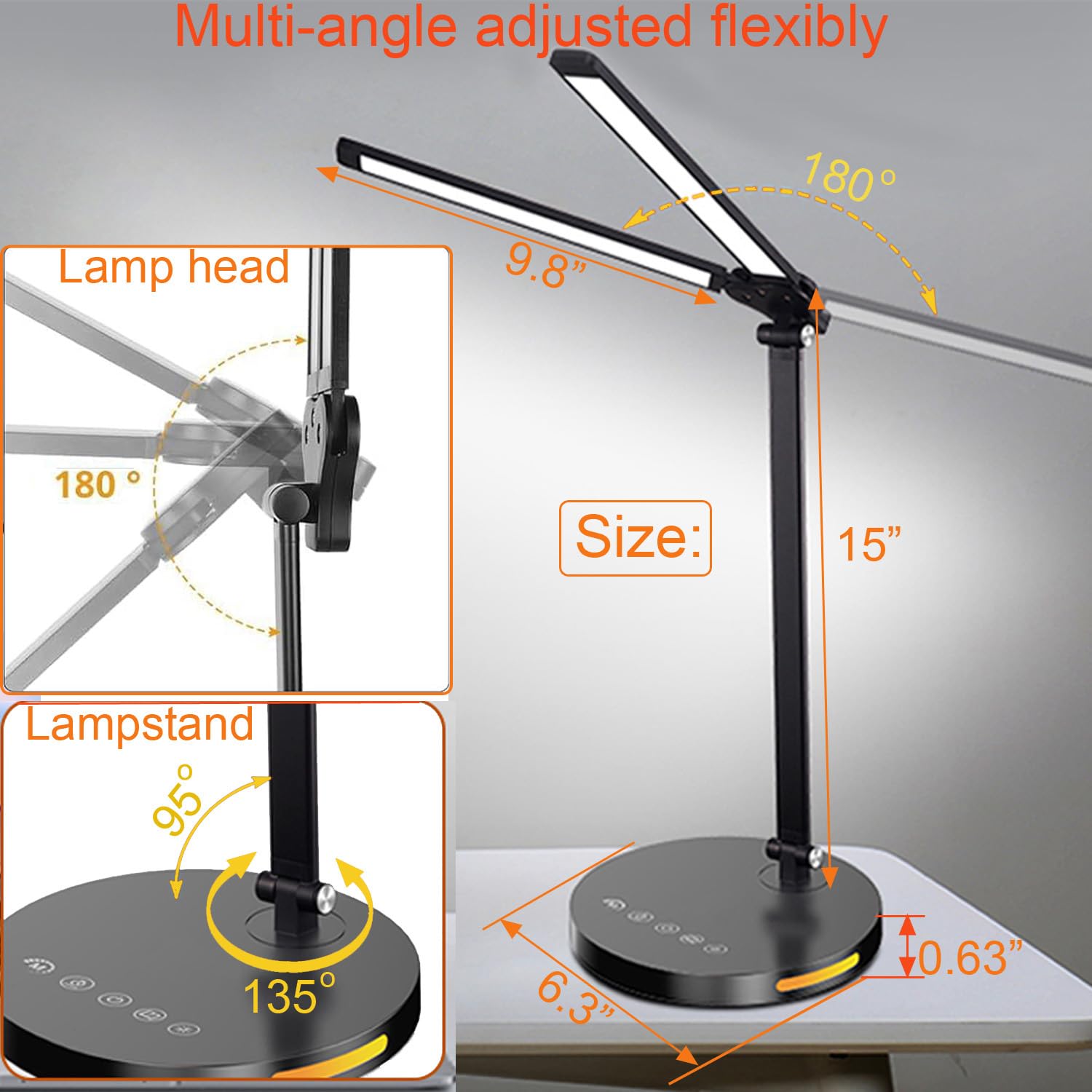 Dual Swing Arm LED Desk Lamp W/Dual Heads,Eye-Caring Table Reading Light W/5 Light Colors/Stepless Dimming/45Min Timer/3 Night Light Modes,Foldable Touch Control Beside Desk Light for Work,Study,Black - Image 4