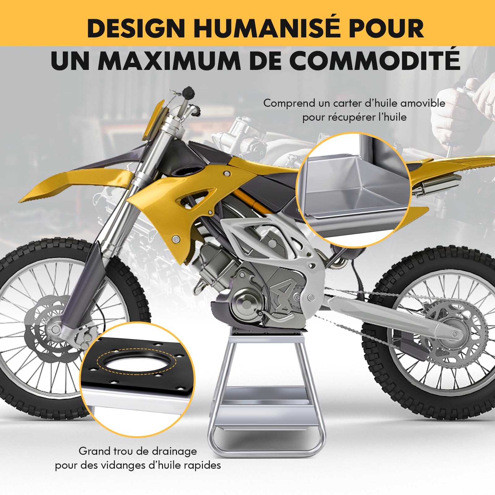 GYMAX Support de Levage pour Moto, Capacité 450 Kg, Cric de Levage en Acier, avec Bac d'Huile Amovible, Dessus en Caoutchouc Antidérapant, Trou de Vidange d'Huile, pour Entretien Moto Tout Terrain