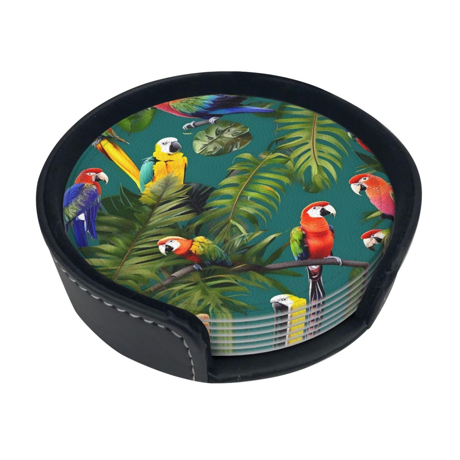 Tropical Plants And Parrots Print Round Coasters Set Of 6,Coaster For Tabletop Protection Home Bar Decor
