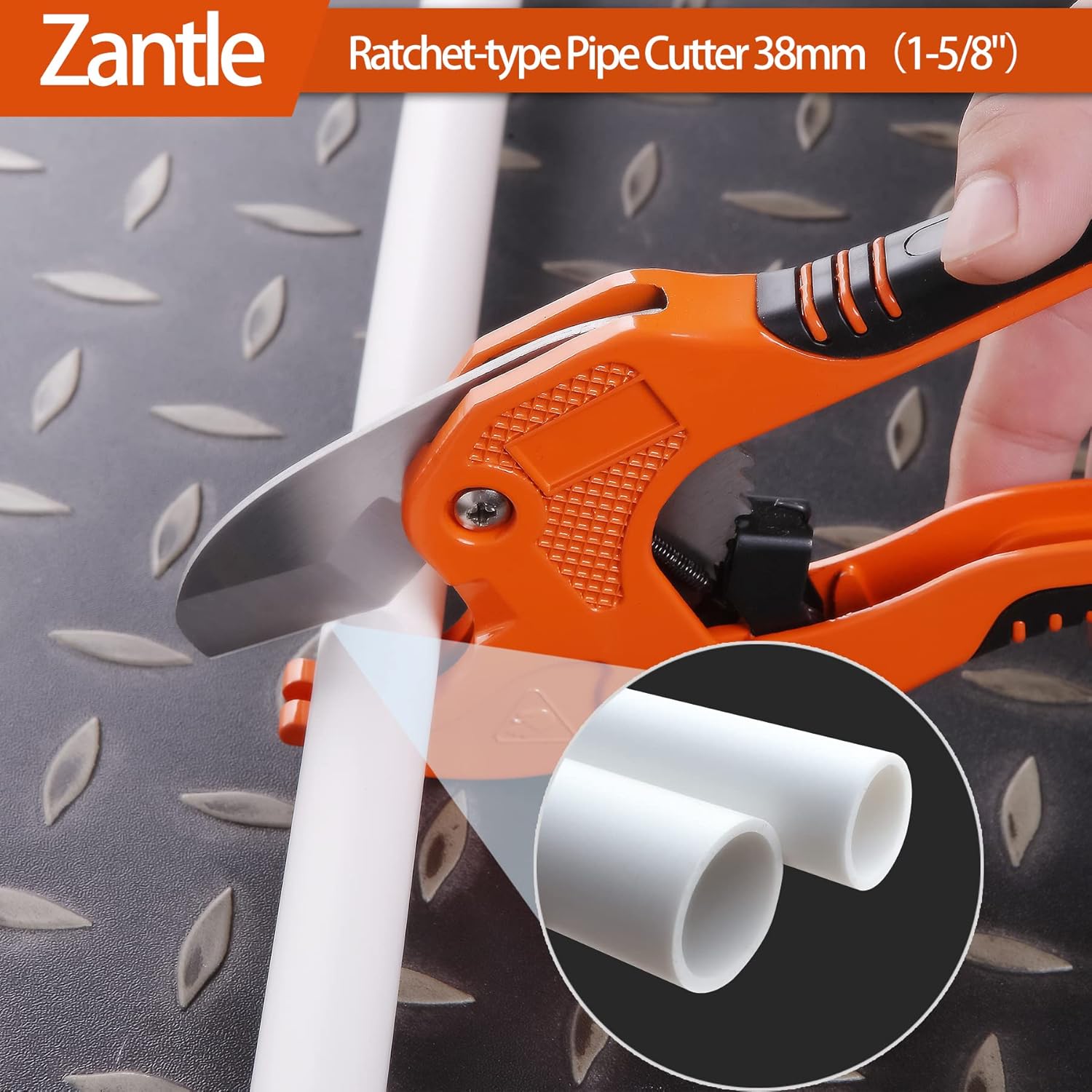 Ratchet-type Tube and Pipe Cutter for Cutting O.D. PEX, PVC, and PPR Plastic Hoses and Plumbing Pipes up to 1-5/8" inches, Ideal for Home Working and Plumbers (orange)