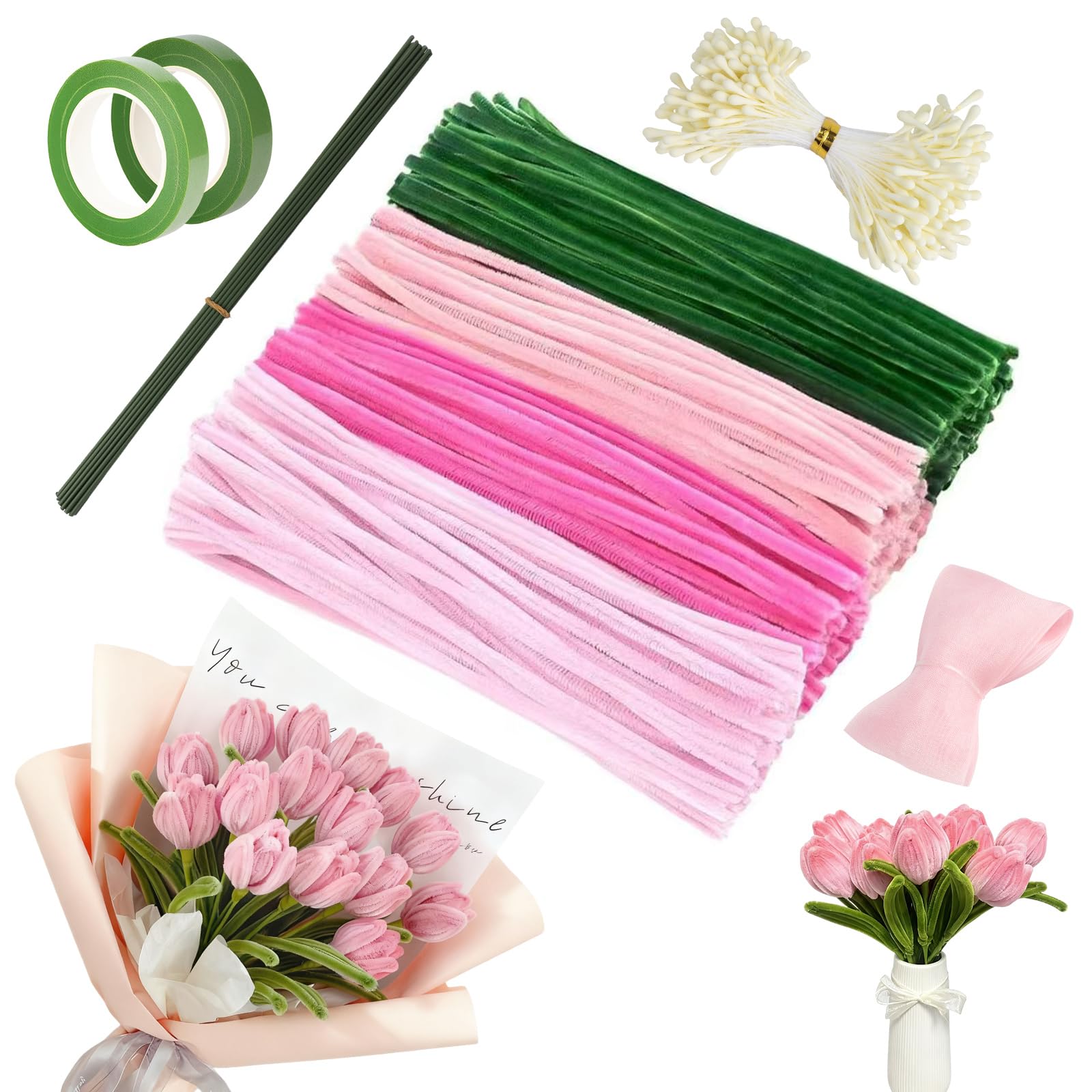 Pipe Cleaner Flower Craft Kit - Wire Sculpture, Craft Flowers,400PCS, Great for Classroom and Home Use for DIY, Handmade Plush Decorative Crafts with Ribbon Floral Tape Stems Stamens, Pink Tulip