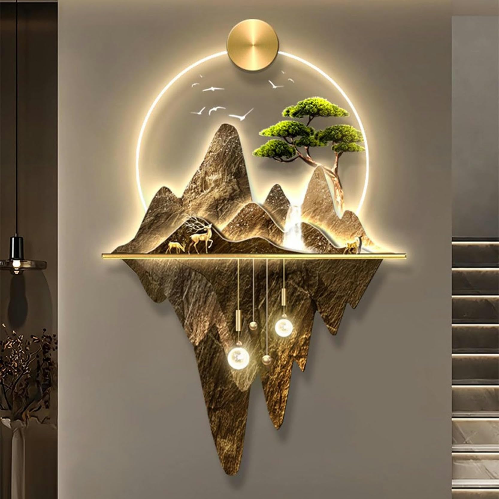 3D Metal Wall Sculptures Painting Hanging Wall Art With Led Light, Wall Sculptures Wall Hanging Art Decorations Lamp, Home Entrance corridor Oriental Decor Traditional Chinese Wall Hanging Painting/1
