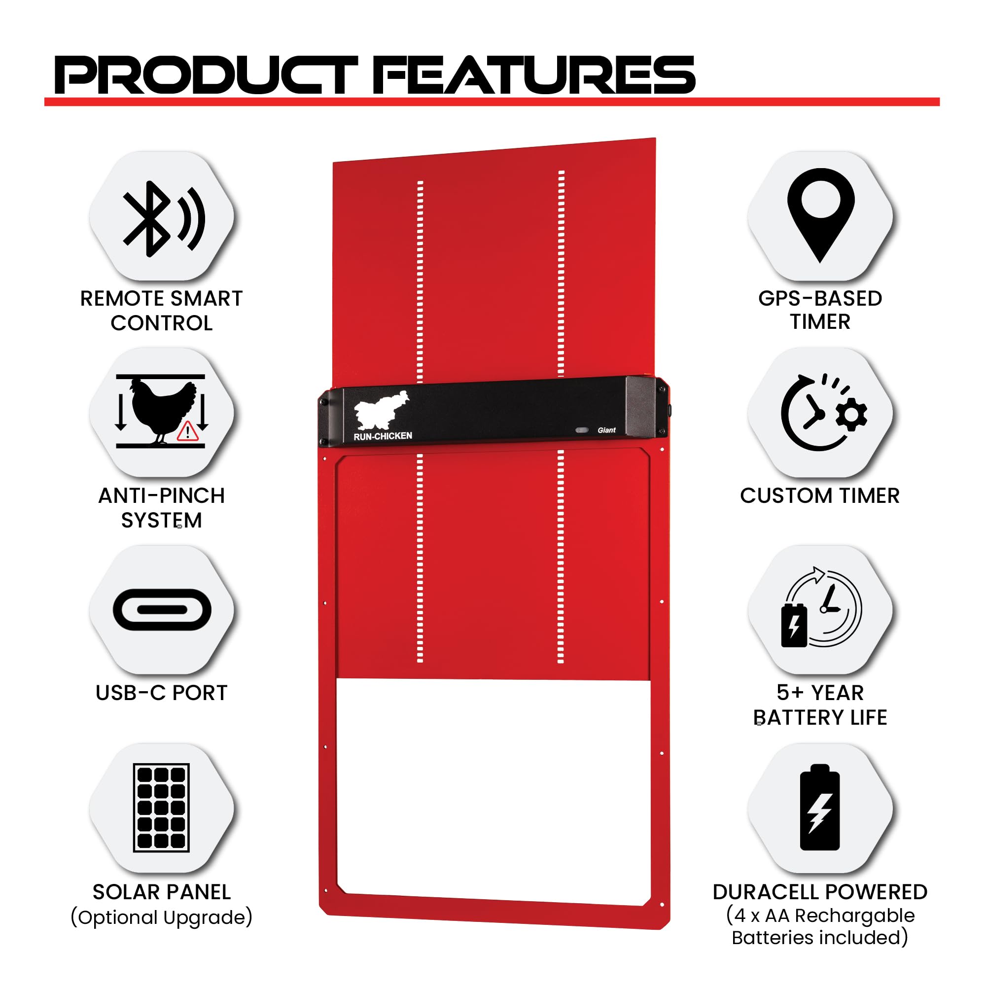 Run‑Chicken Door Giant Red – Puerta automática roja para gallineros Grandes, Funciona con Pilas AA, Control por App, Sensor de luz, Temporizador con retardo y Aluminio Resistente para Exteriores