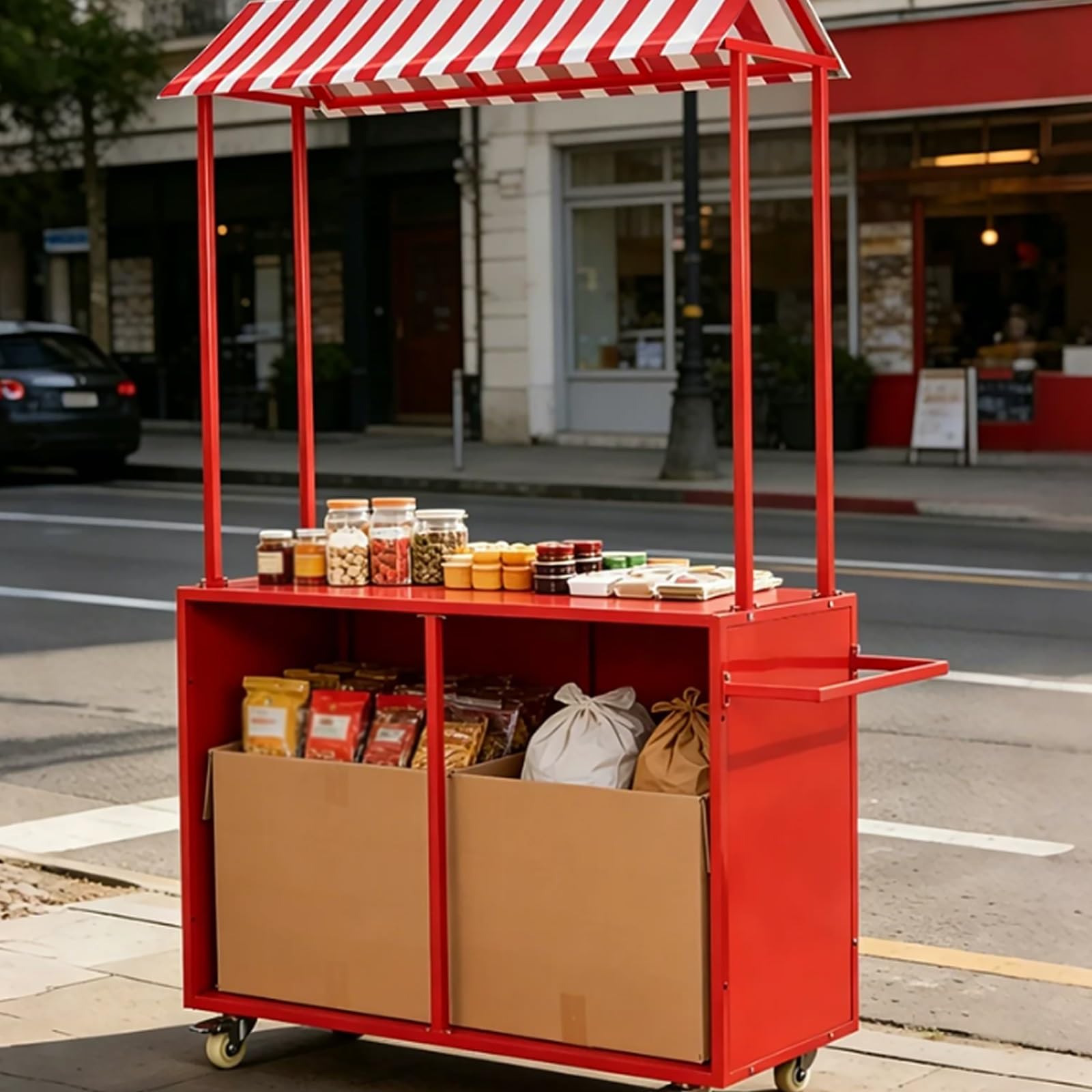 Carro de Exhibición Portátil de Hierro Forjado, con Toldo a Rayas, Apto for Carteles, for Mercados Nocturnos y Puestos Al Aire Libre(Red)