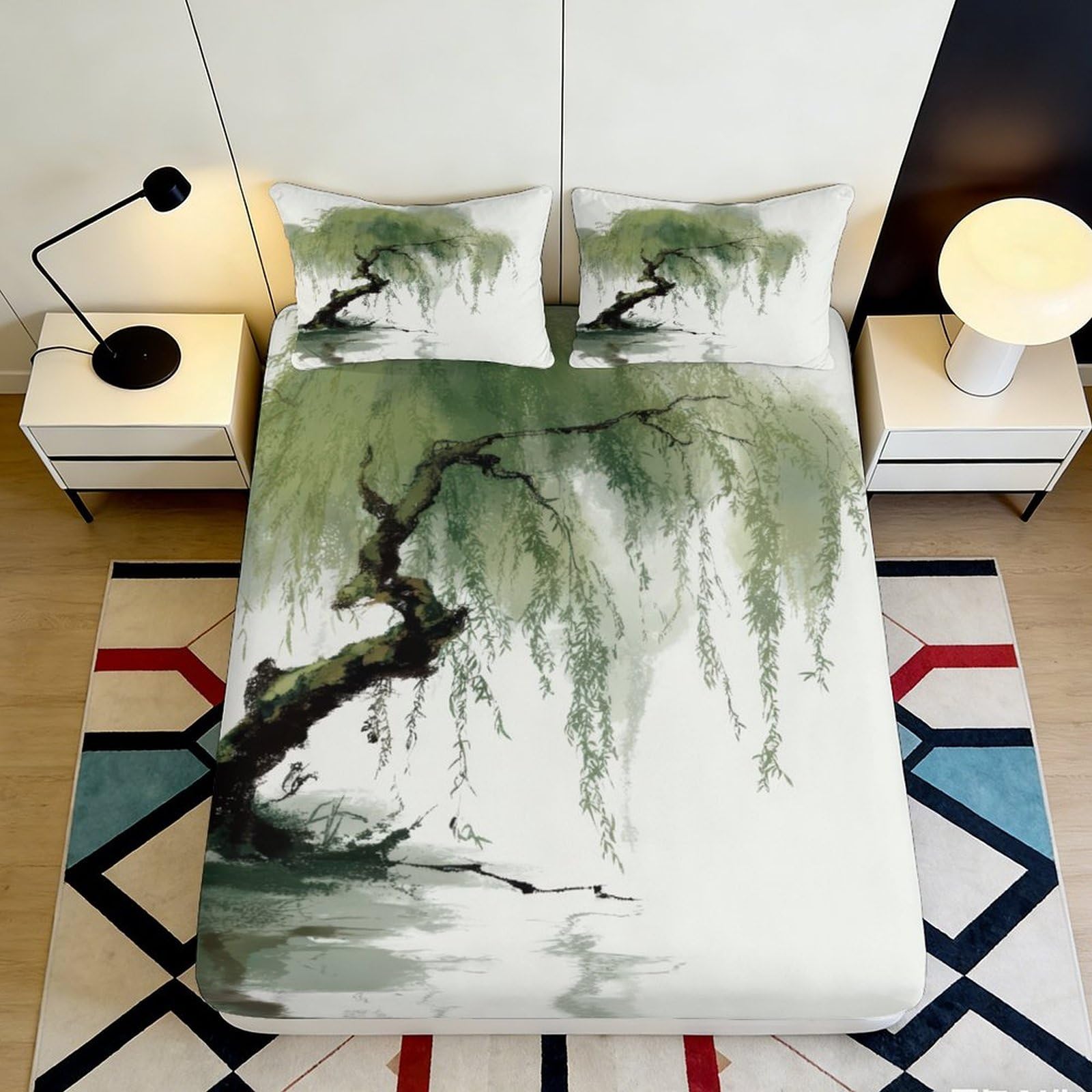 3D Printed Willow Tree Fitted Sheet Microfiber Soft Breathable Hanging Branches Bed Cover for Bedroom Dormitory Guest Room Mattress Protection Decor 160x200x25cm