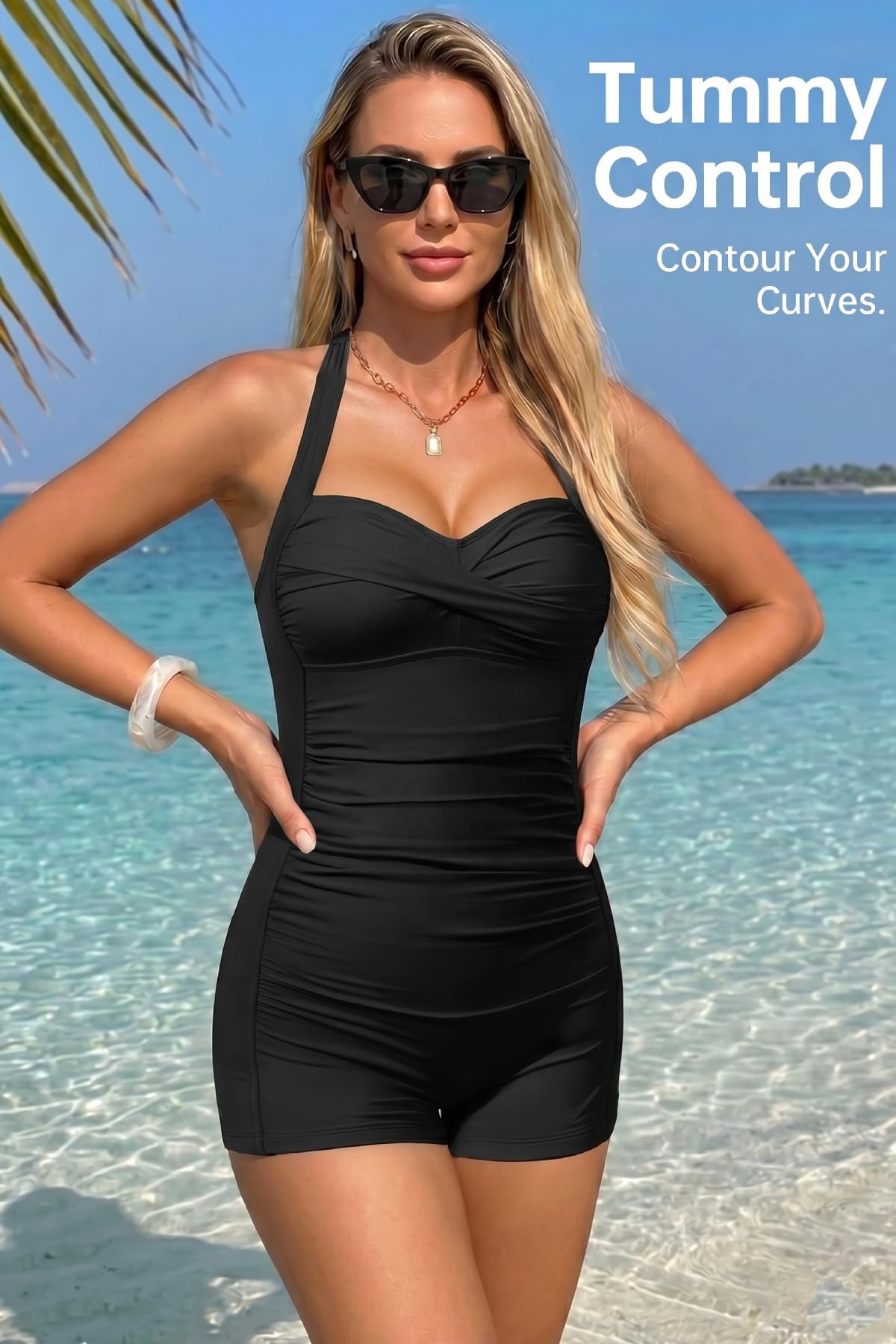 Tempt Me Traje de baño de una pieza con control de abdomen para mujer con pantalones cortos, traje de baño retro halter