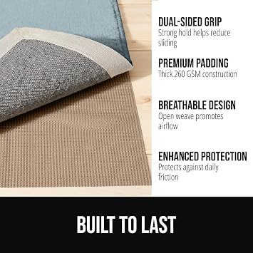 GORILLA GRIP Premium Dual Sided Thick Rug Gripper Pad for Hardwood Floors, Breathable Slip Resistant Pad Grips Under Carpet Area Rugs for Hard Surface Floor Protection, Easy Trim Mats, 2x3 Beige