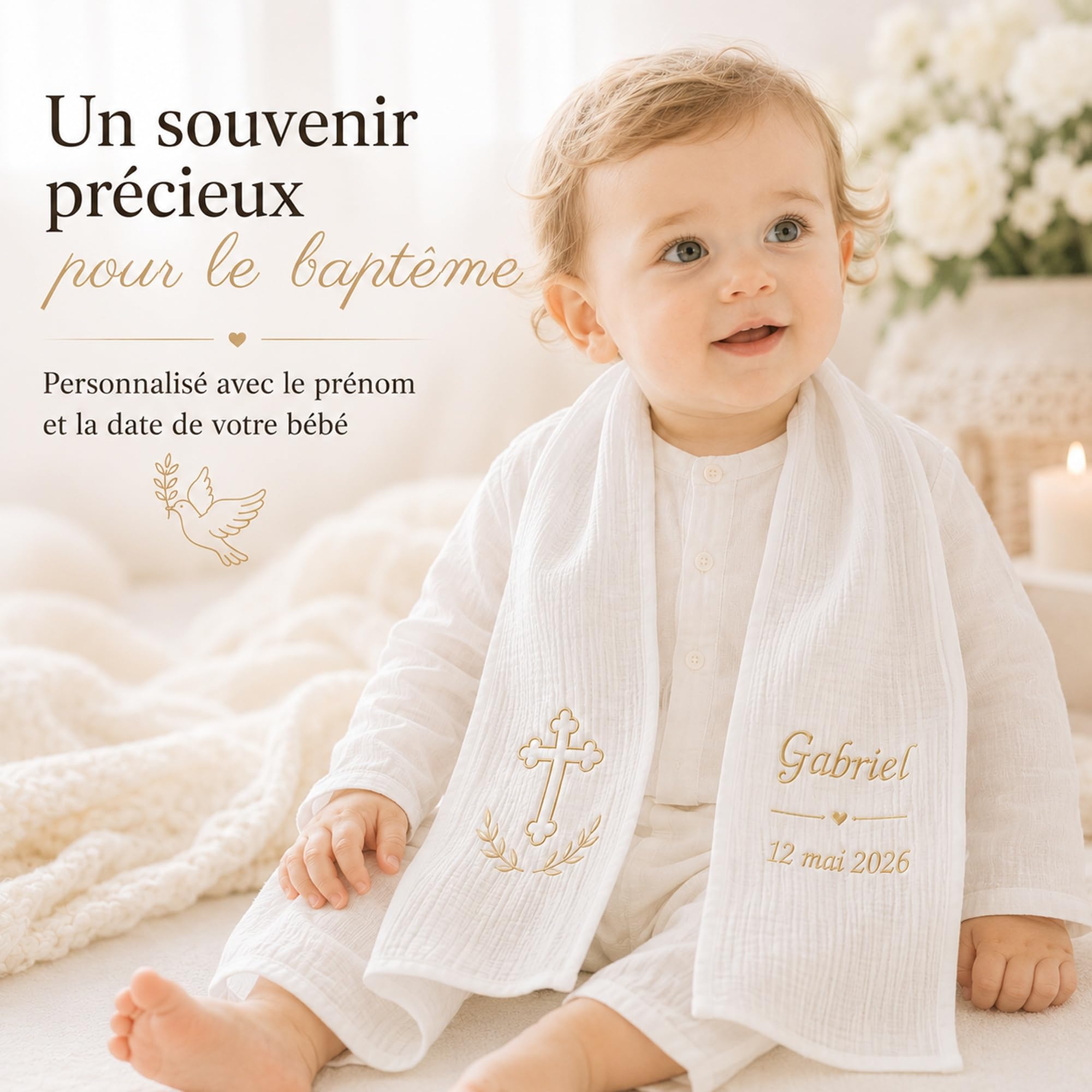 Écharpe de Baptême Personnalisée Bébé – Double Gaze de Coton Brodée Prénom & Date – Étole Baptême Blanche Douce et Légère – Cadeau Baptême avec Coffret Cadeau(Modèle 17)