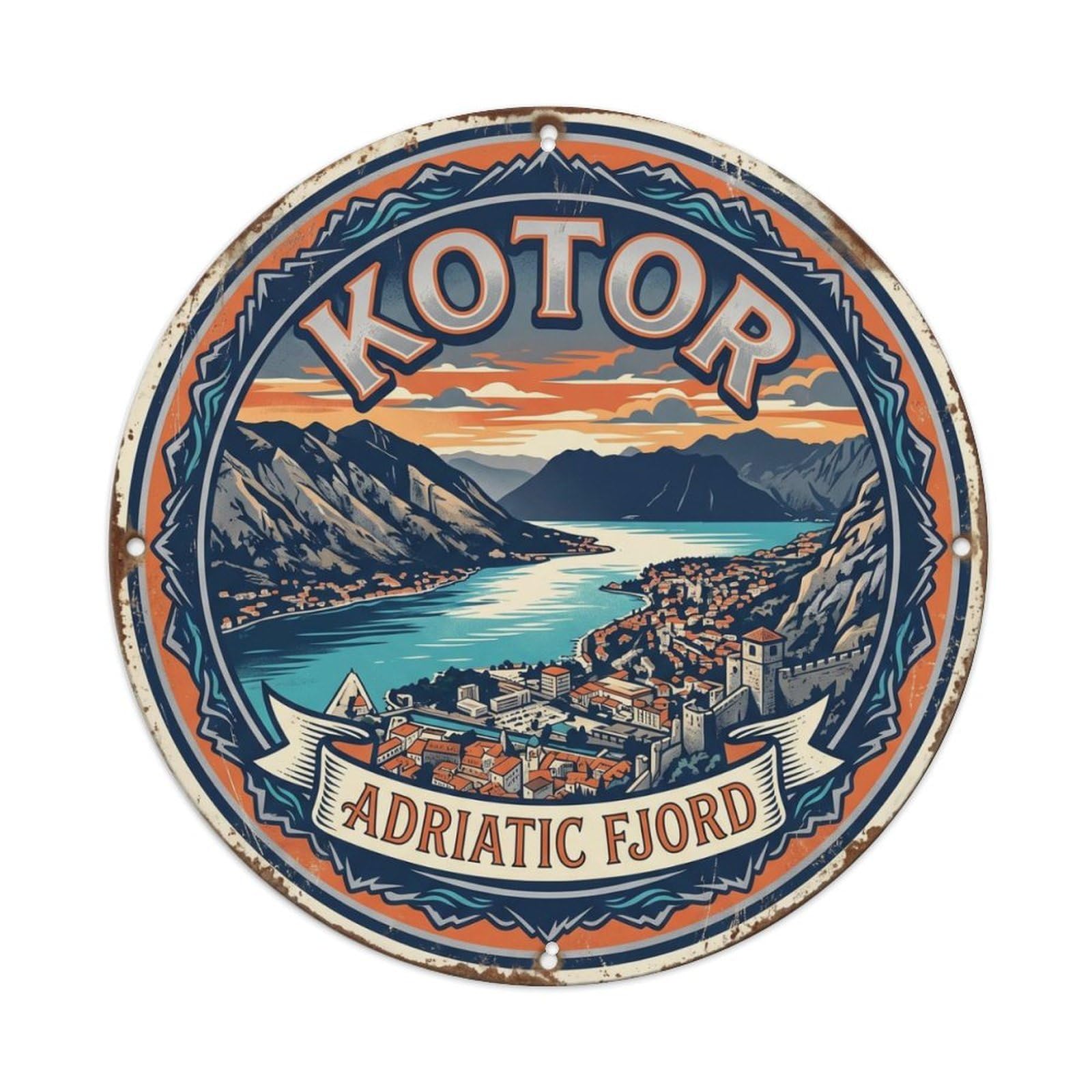 Vintage Travel Kotor Montenegro Bay Metal Tin Sign Plaque Wall Decor for Cafe, Club, Garden Round Metal Poster 8x8Inch