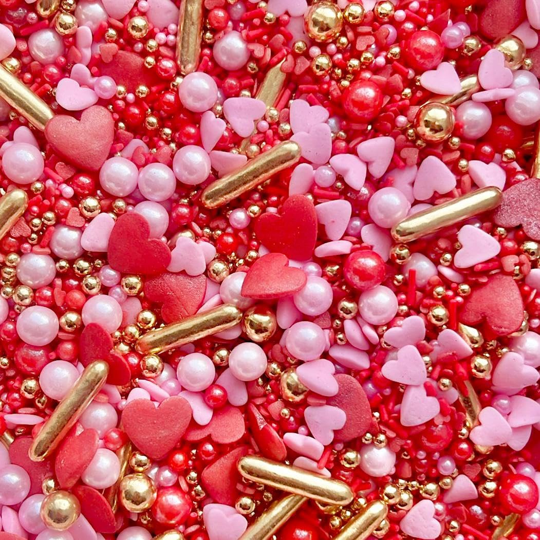 Valentines Red gold pink Hearts Metallic Sprinkles for cupcake cake toppers pearls balls 100s and 1000s Anniversary love wedding decoration cake cupcake topper CHERUB
