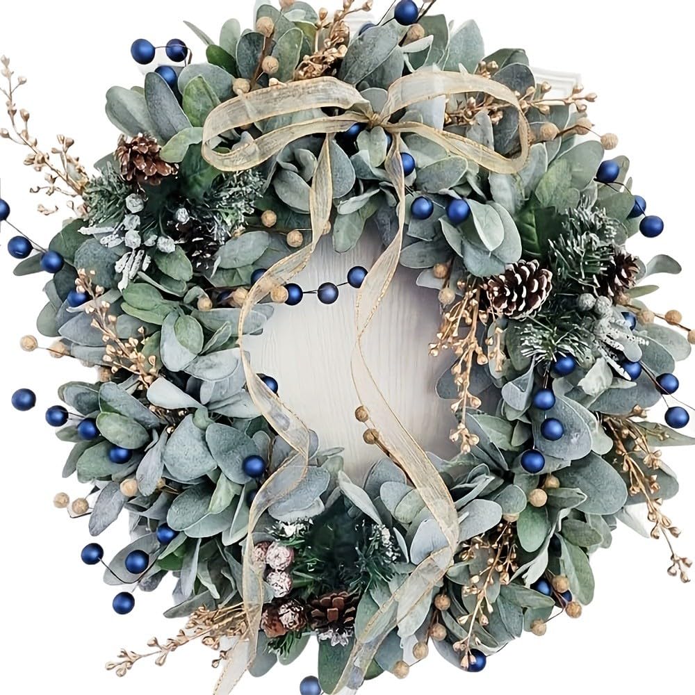Peony Wreaths, Full Handmade Spring Summer Wreaths With Artificial Rabbit-Ear Leaves, Pine Cones, Blue Berries, And A Gold Ribbon For All Seasons Round Outdoor Farmhouse Decor (15.7in/40cm,Blue)