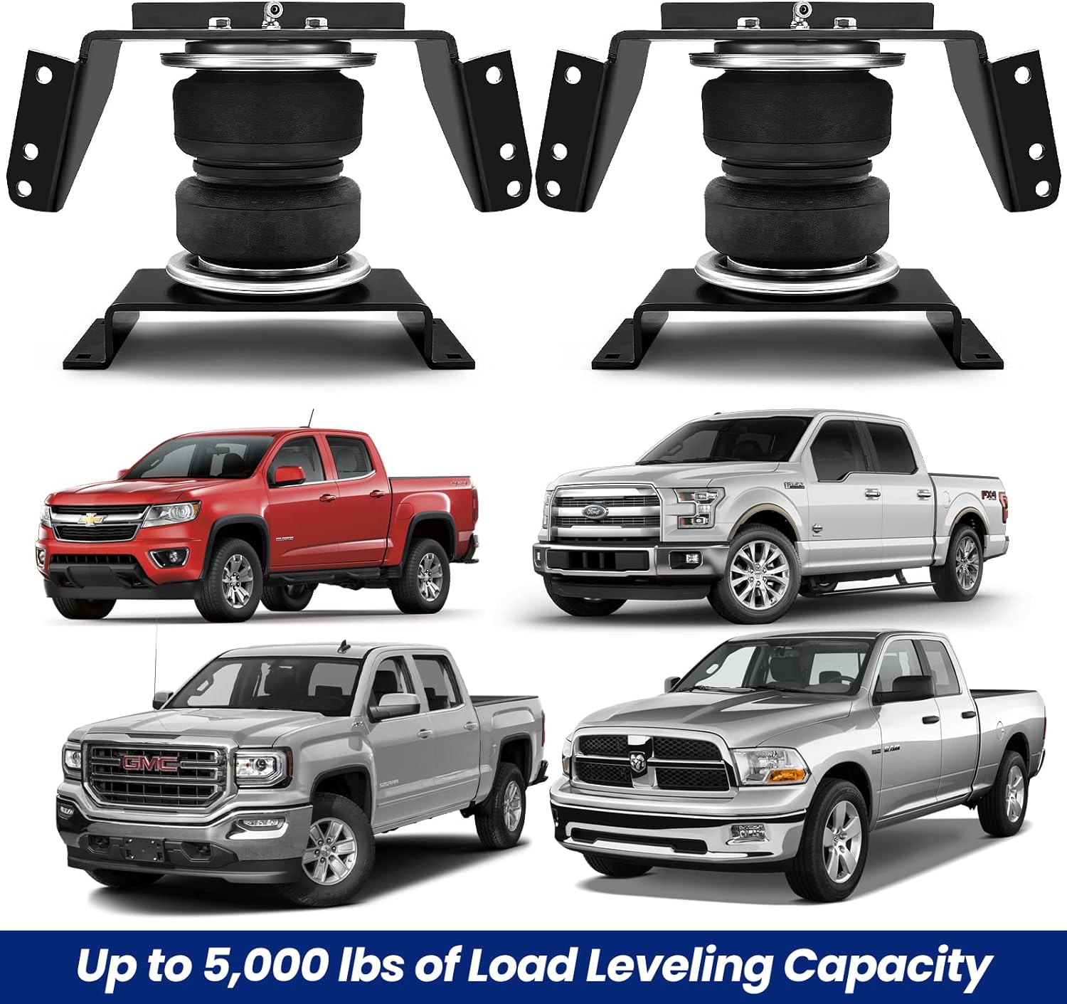 Air Spring Bags Suspension Kit Compatible with Chevy, Ford, Ram and GMC Pickup Car, Rear Air Helper Springs, Up to 5,000 lbs of Load Leveling Capacity