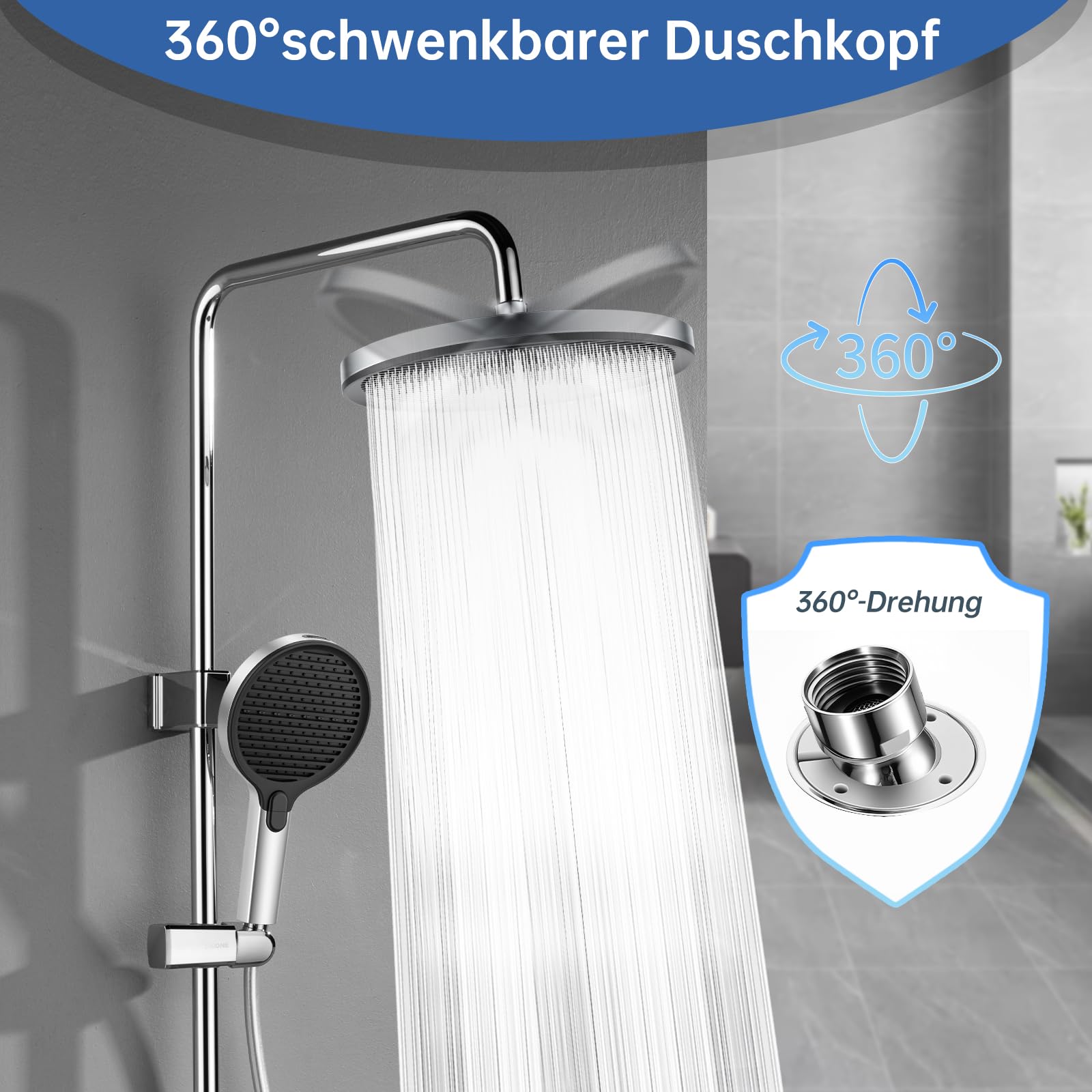 Ronvie 11 Zoll Selbstreinigende Duschkopf Regendusche, Fester Regenduschkopf Duschbrause mit Anti-Kalk-Düsen, Wasserfall Wassersparend Kopfbrause für Badezimmer