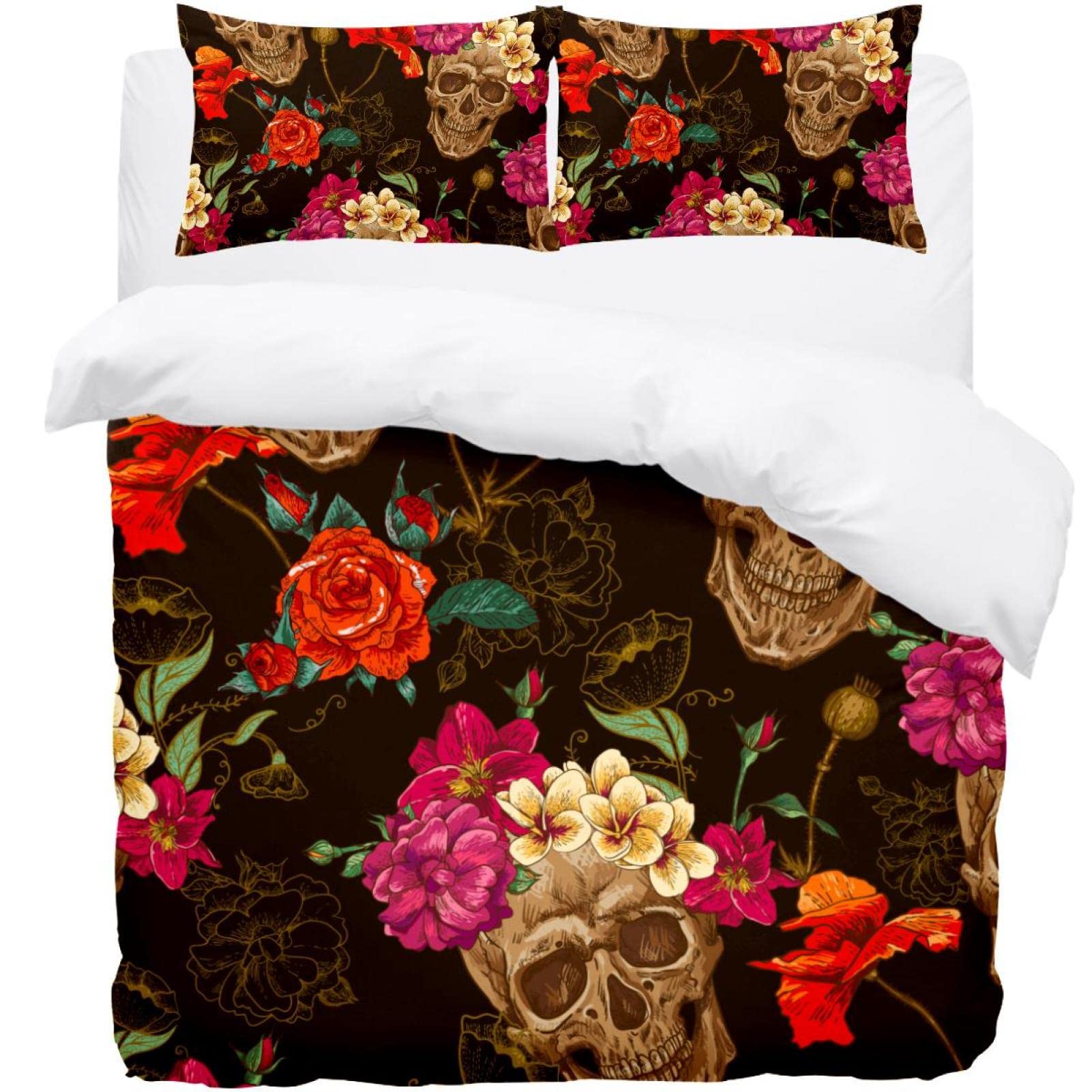 Parure de lit crâne floral avec housse de couette vintage et taie d'oreiller microfibre