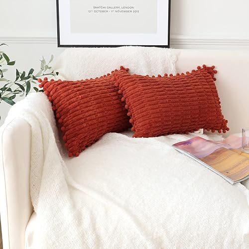 Miniatura 5 de sykting Juego de 2 fundas de almohada decorativas de color naranja quemado de 12 x 20 pulgadas, suaves y a rayas con pompones, para sofá, cama, sala
