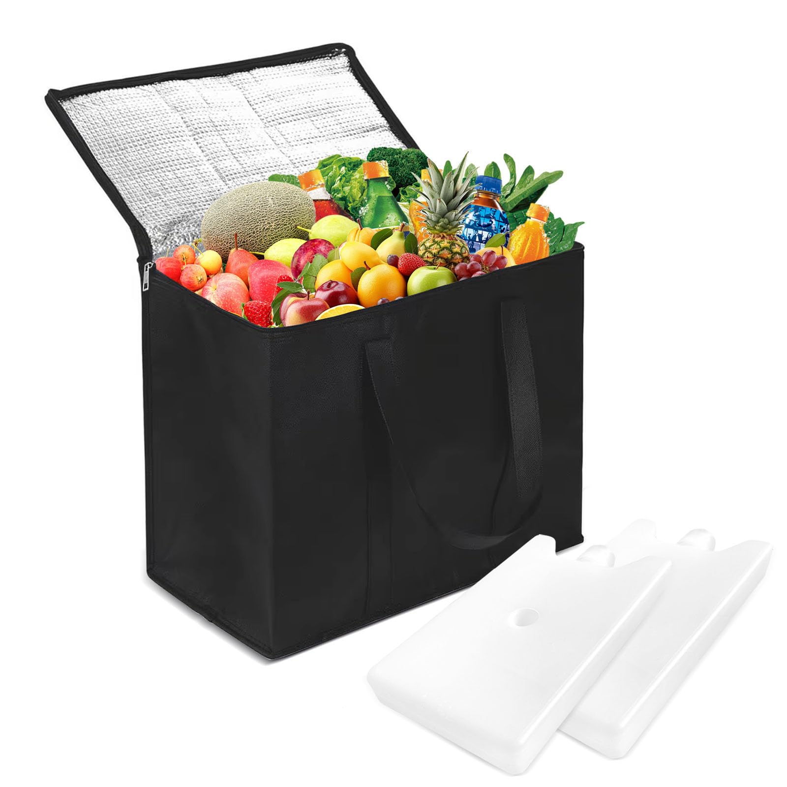 Cooler Bag, Food Delivery Bag with Ice Box, 35L Large Insulated Bag with Zip, Foldable Cool Box, Insulated Bags for Picnic Camping Beach BBQ Shopping Food Delivery (41×33×26CM Black)