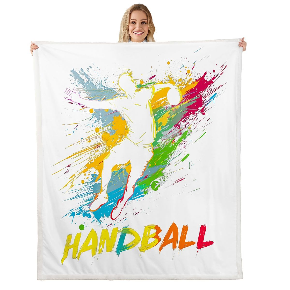 Homewish Handball Sport Decke 150x200cm Bunte Tinte Splash Graffiti Handballspieler Fleecedecke für Kinder Jungen Mädchen,Sportlicher Design Kuscheldecke Sport Enthusiasten Bett Sofa Dekor Decken