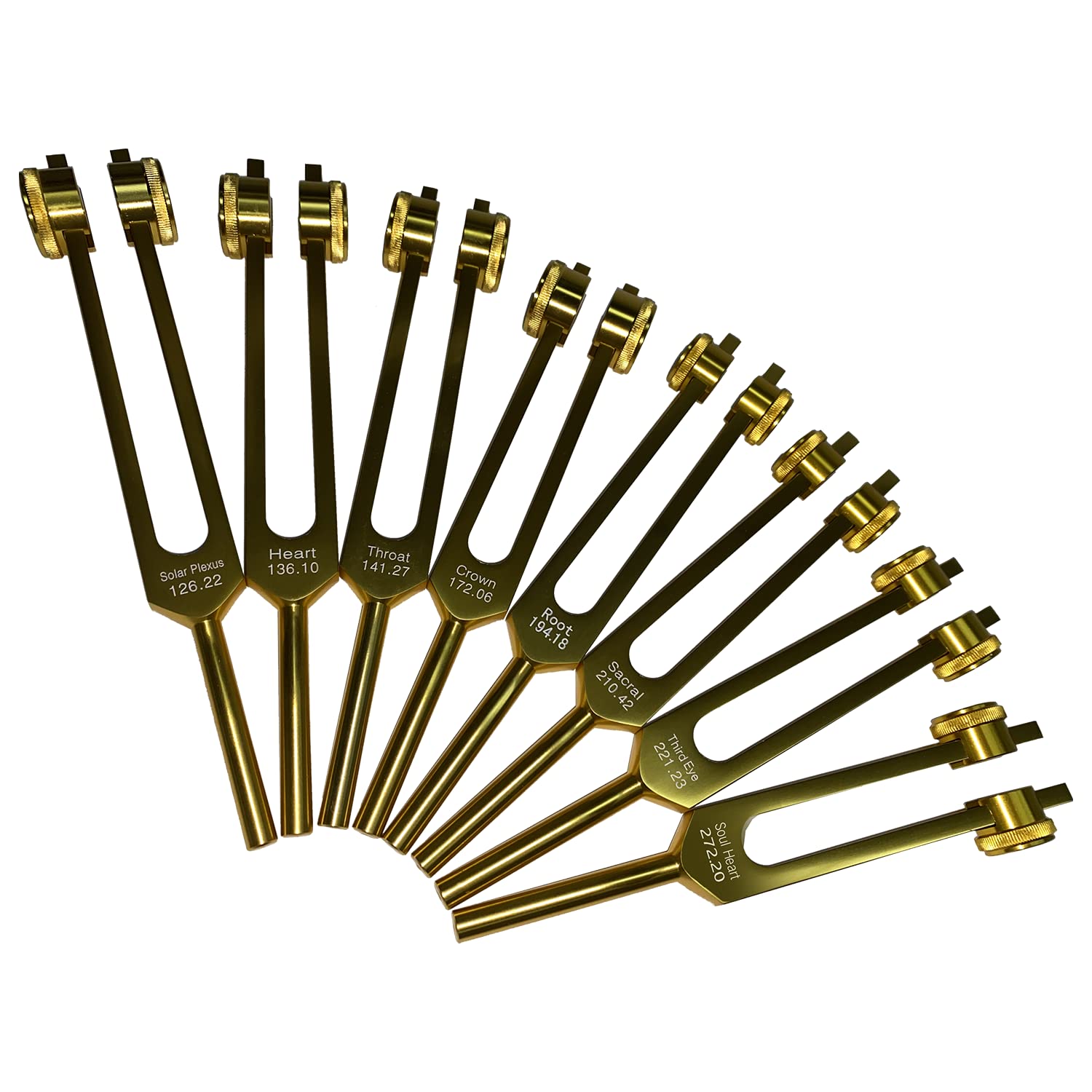 Golden Chakra Tuning Forks Set,7 Chakras + 1 Soul Purpose Weighted Tuning Forks with Silicone hammer
